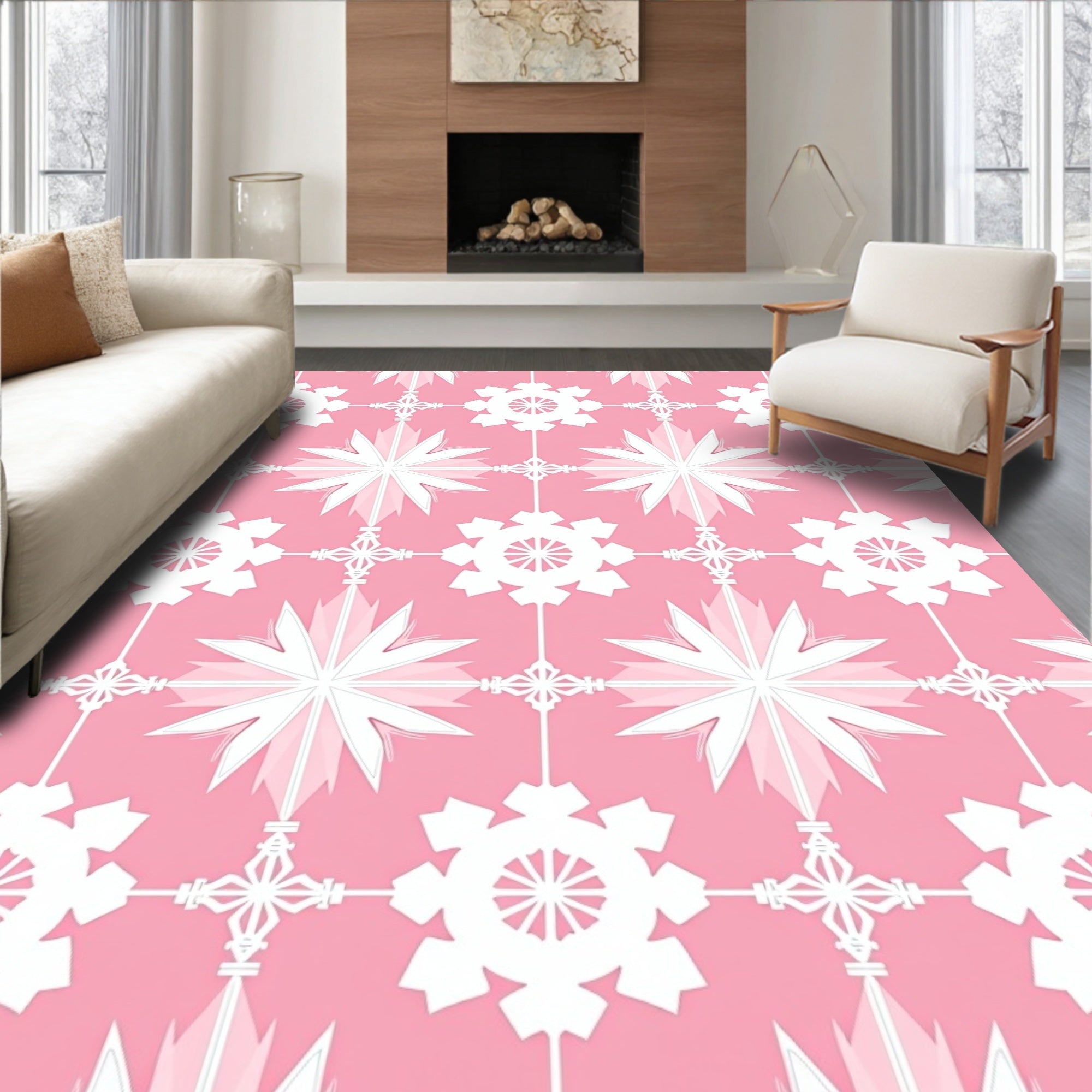 Pink White Starburst Geometric Repeat Rug