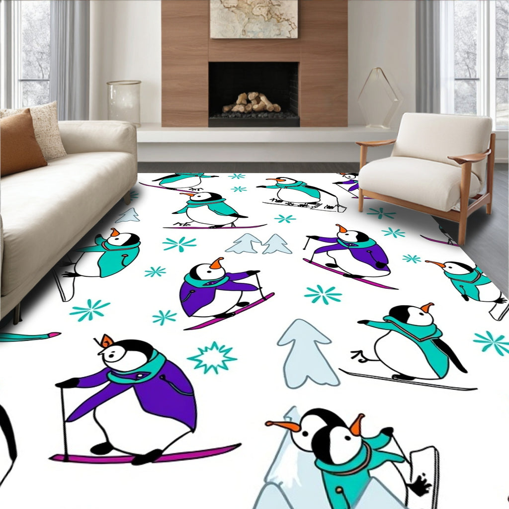 Whimsical Penguin Skiing Snowflakes Scene Rug