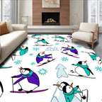 Whimsical Penguin Skiing Snowflakes Scene Rug