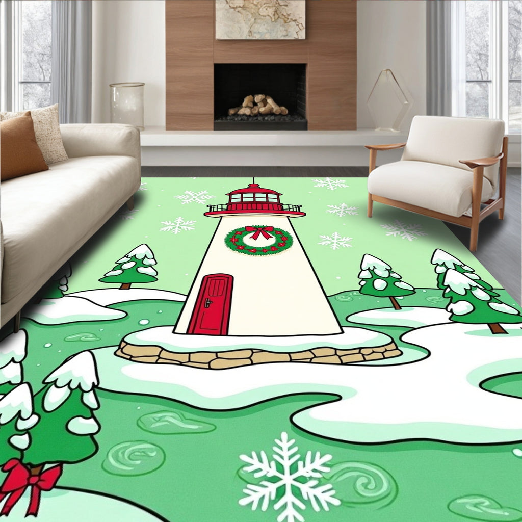 Festive Christmas Lighthouse Snowfall Scene Rug