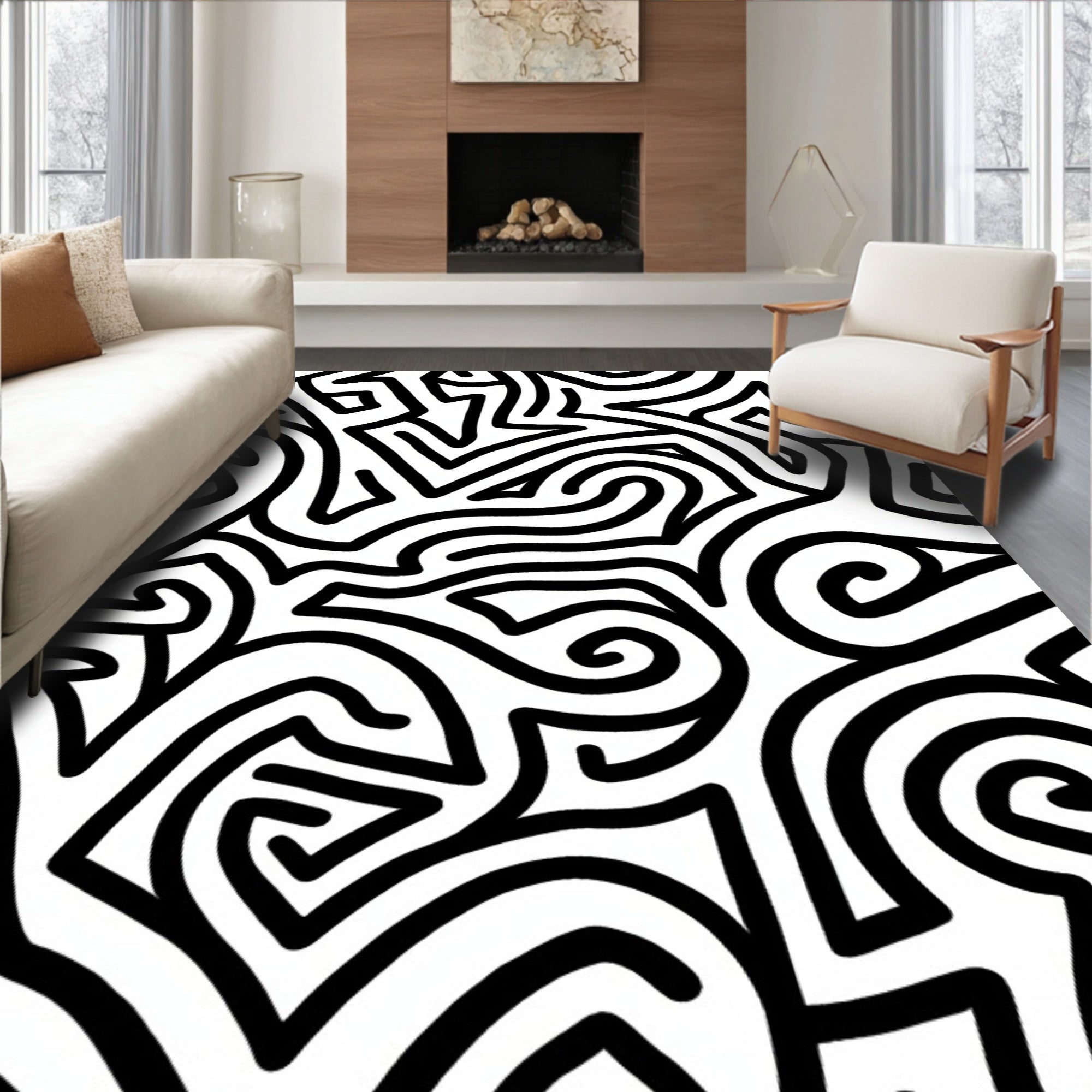 Abstract Black White Curly Lines Rug