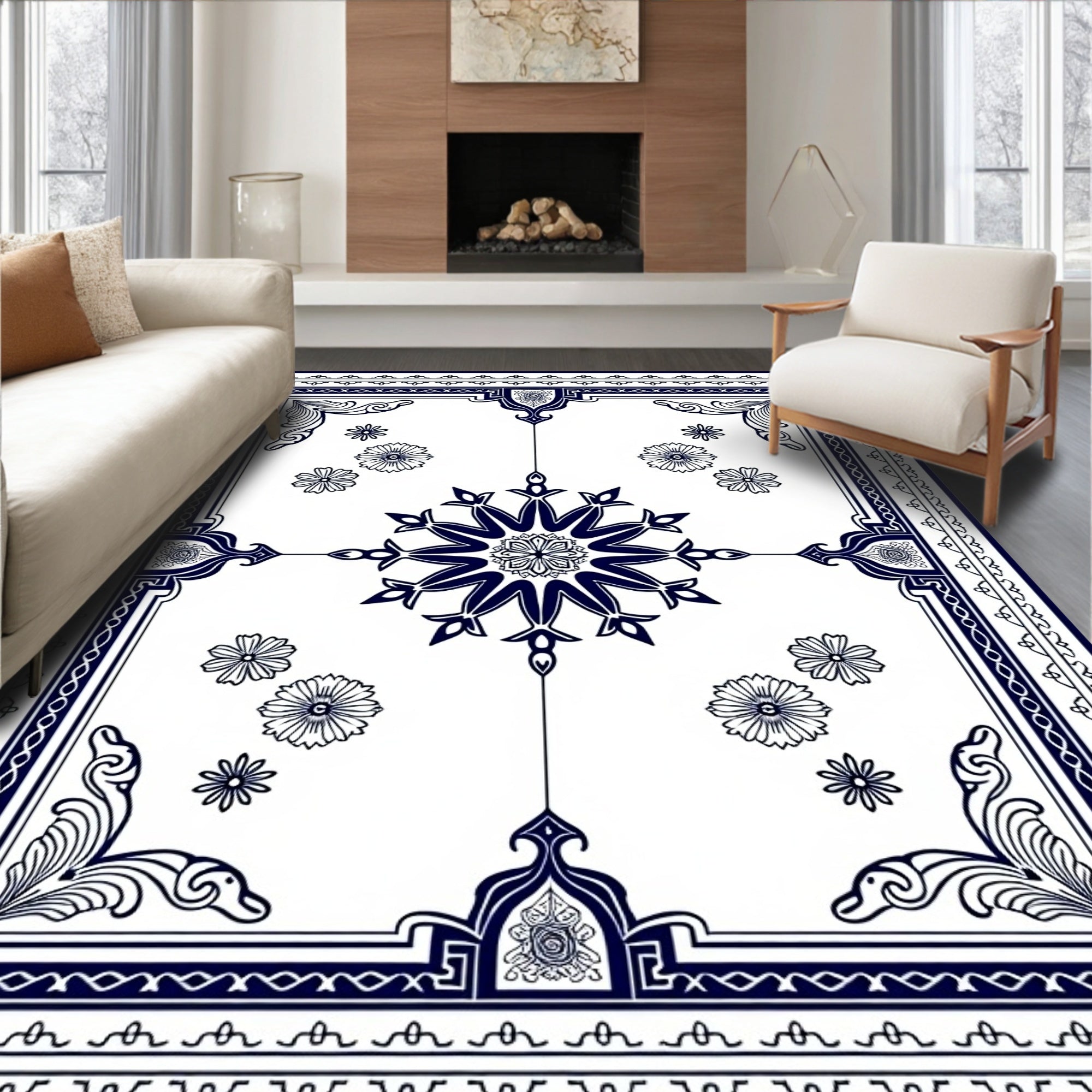 Grand Navy Floral Medallion Centerpiece Rug
