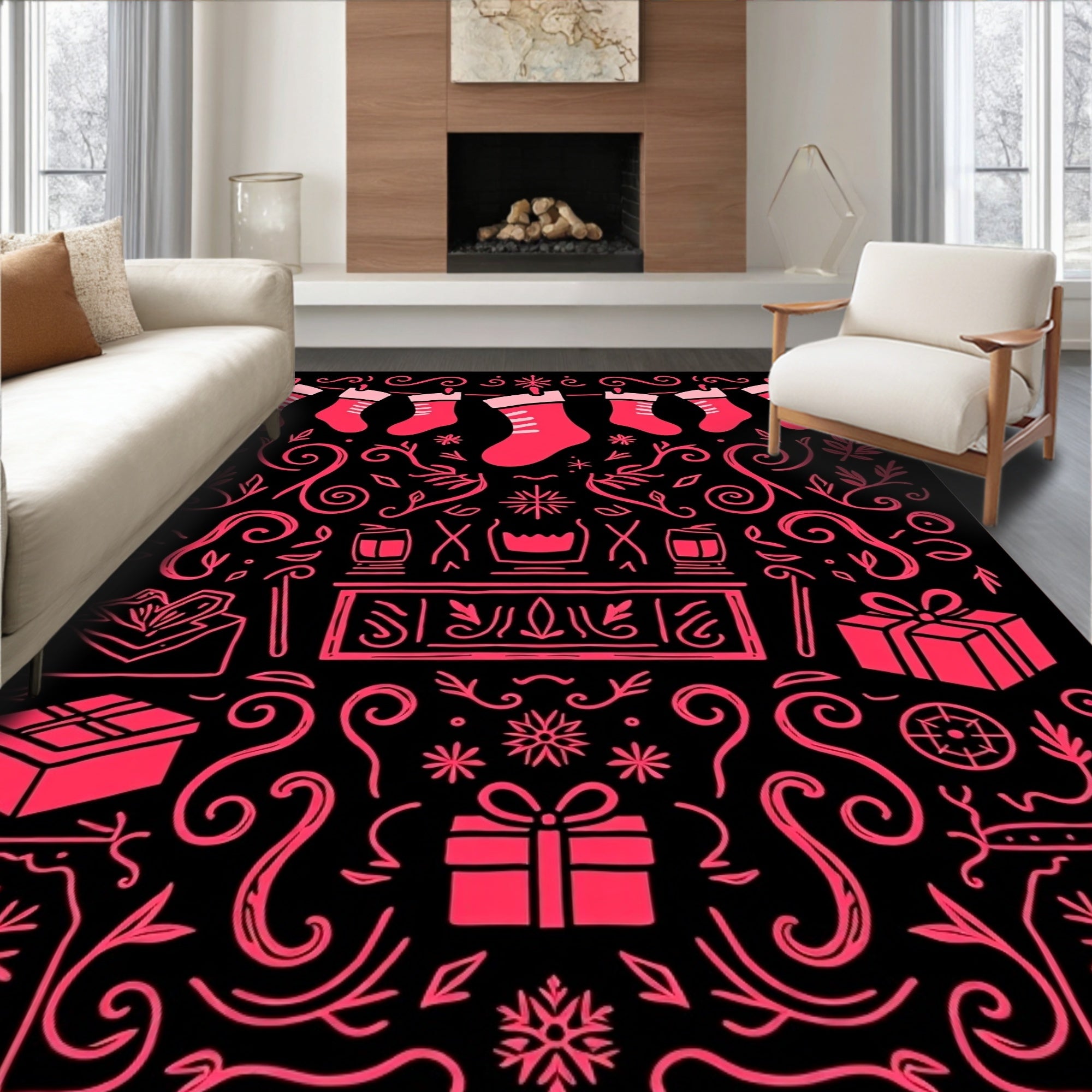 Crimson Christmas Stocking Fireplace Collection Rug