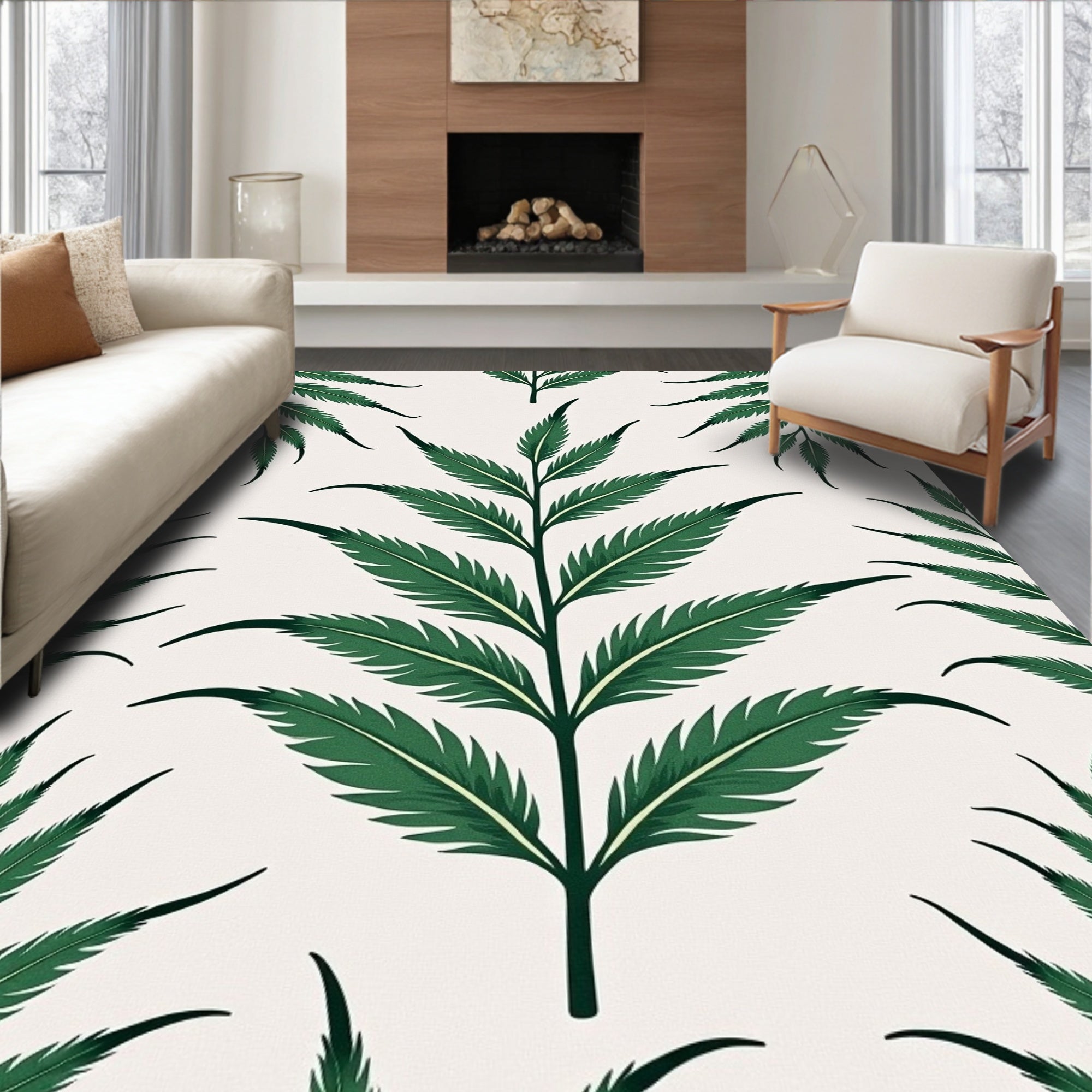 Deep Green Fern Leaf Arrangement Rug