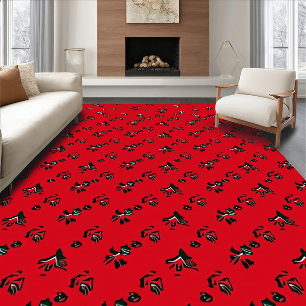 Red Floral Silhouette Diagonal Arrangement Rug