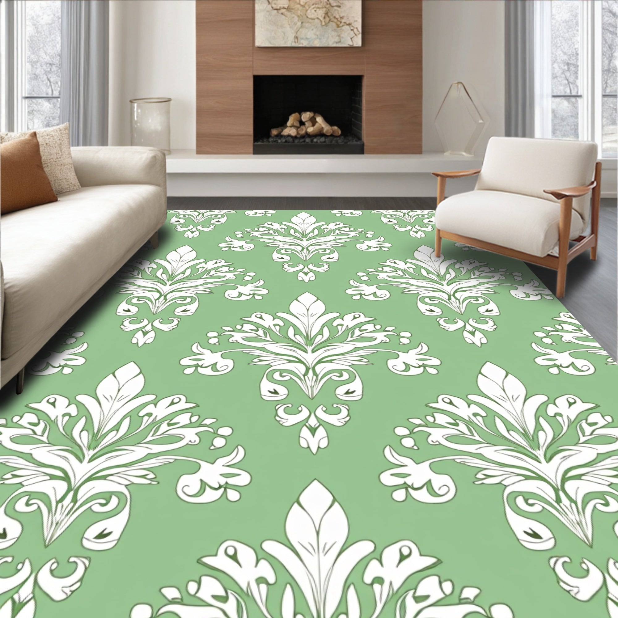 Sage Green White Damask Flourish Rug