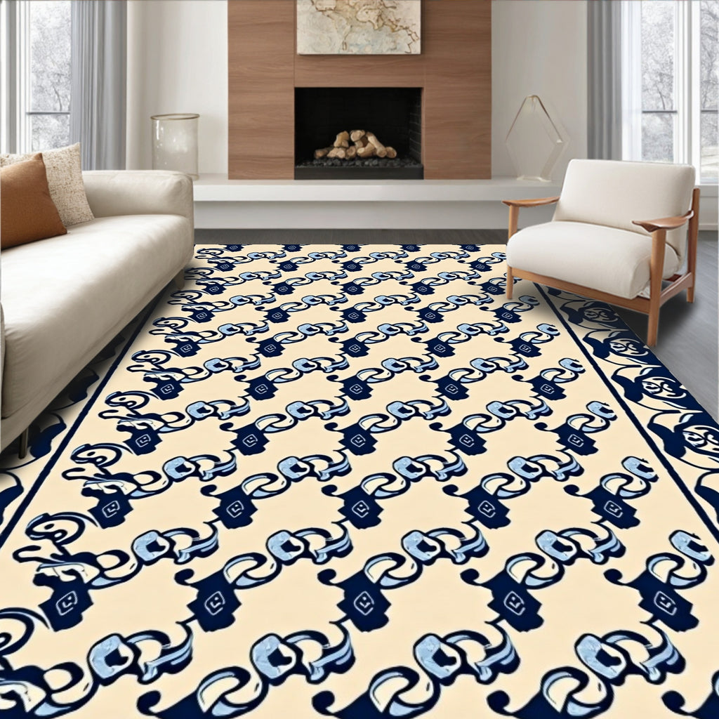Ivory Blue Swirled Ribbon Border Rug