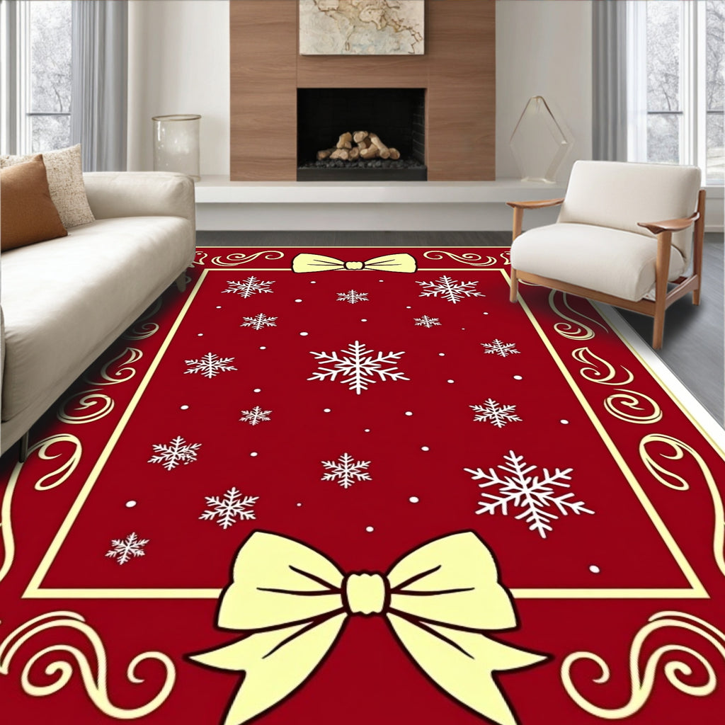 Festive Red Snowflakes Bows Accents Rug
