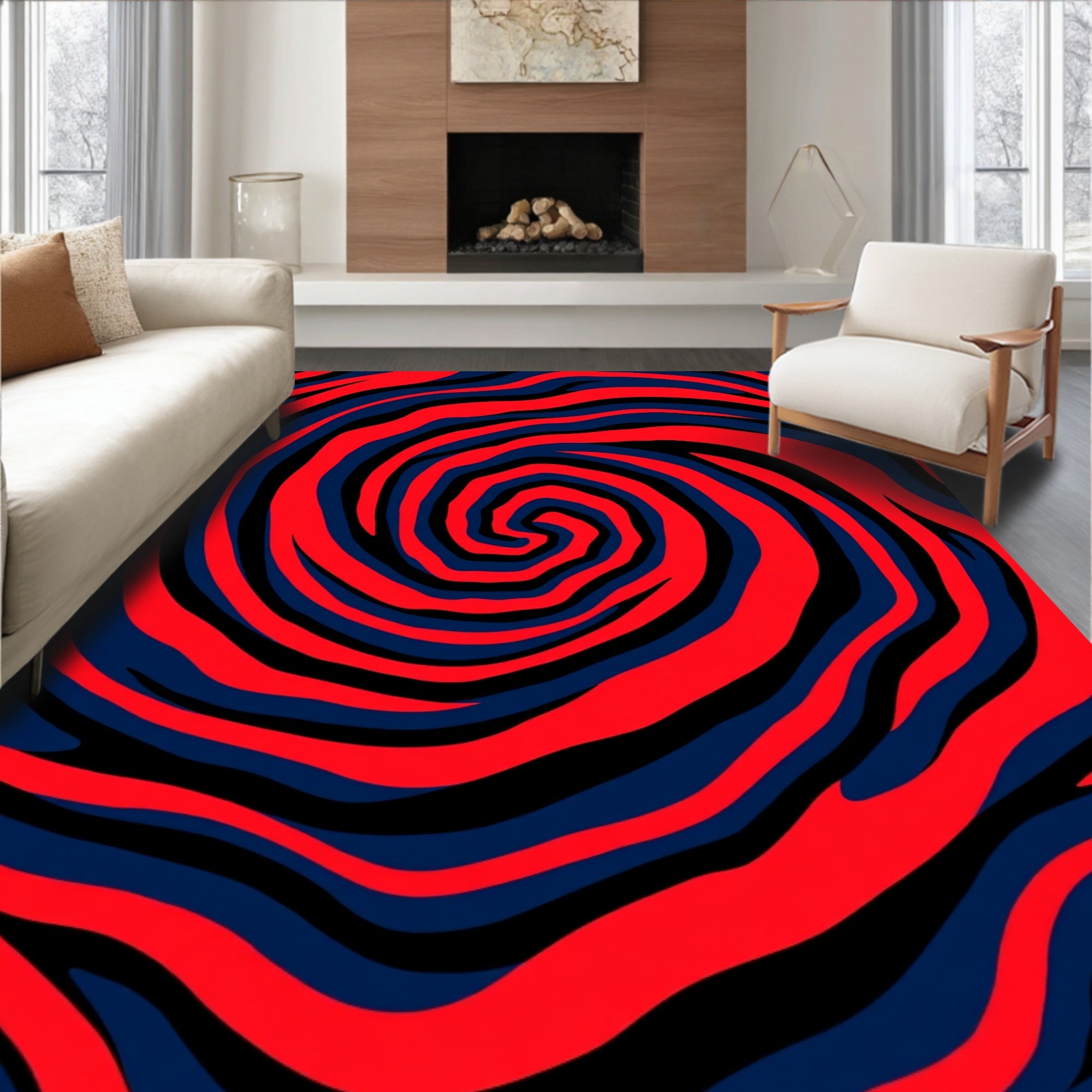 Crimson Navy Swirl Zebra Stripes Rug