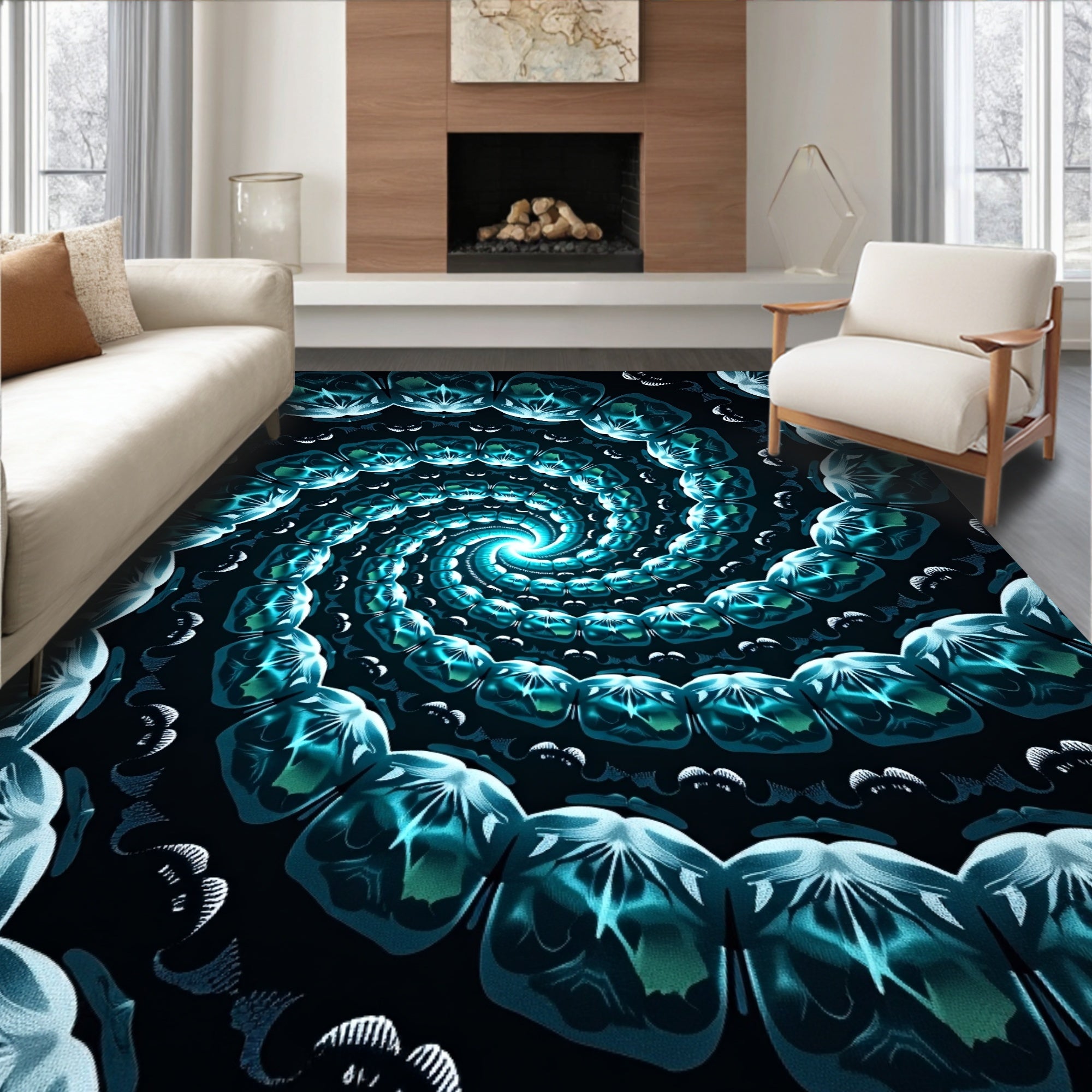 Aqua Spiral Fractal Bloom Rug