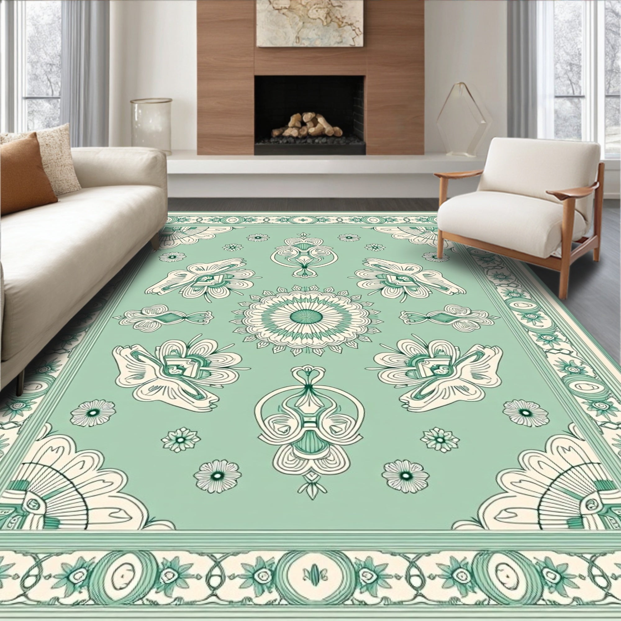 Mint Green Floral Medallion Border Rug