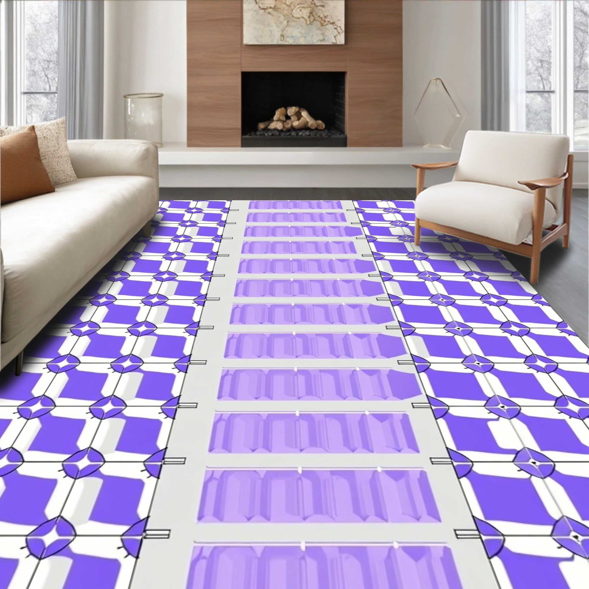 Purple Geometric Diamond Lattice Stripe Rug