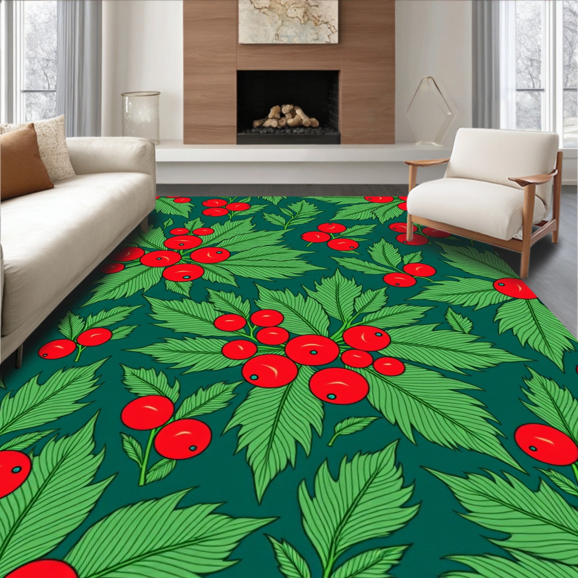 Vibrant Green Holly Berry Clusters Rug
