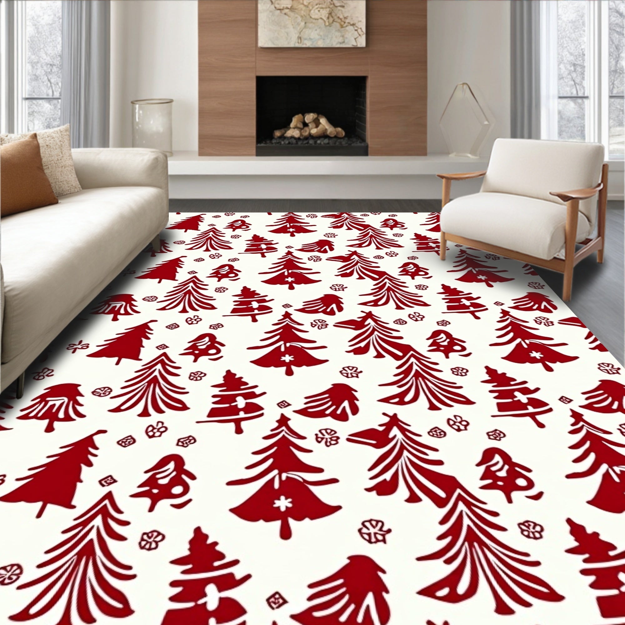 Crimson Trees Snowflakes Pattern Rug