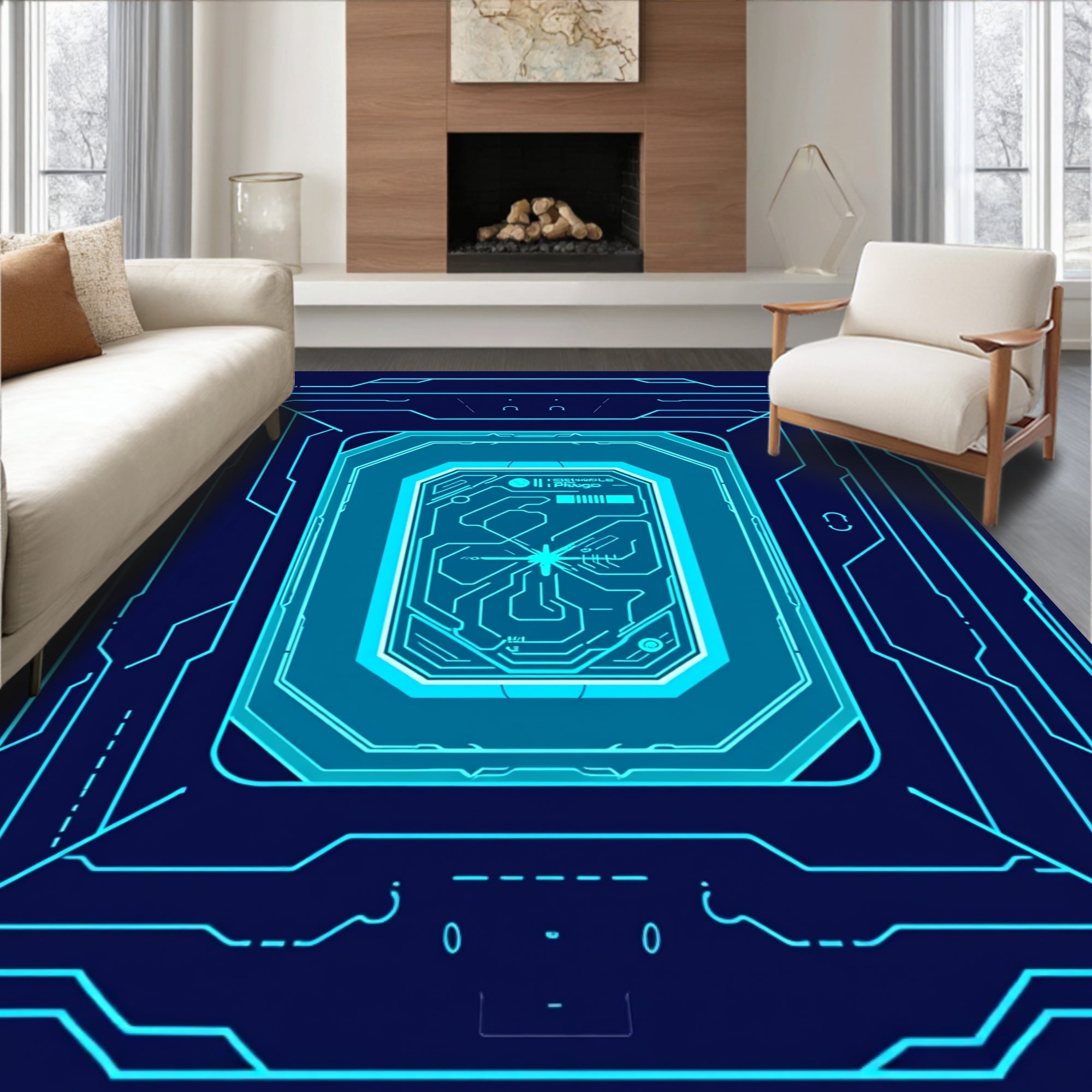 Cyan Circuit Board Frame Rug