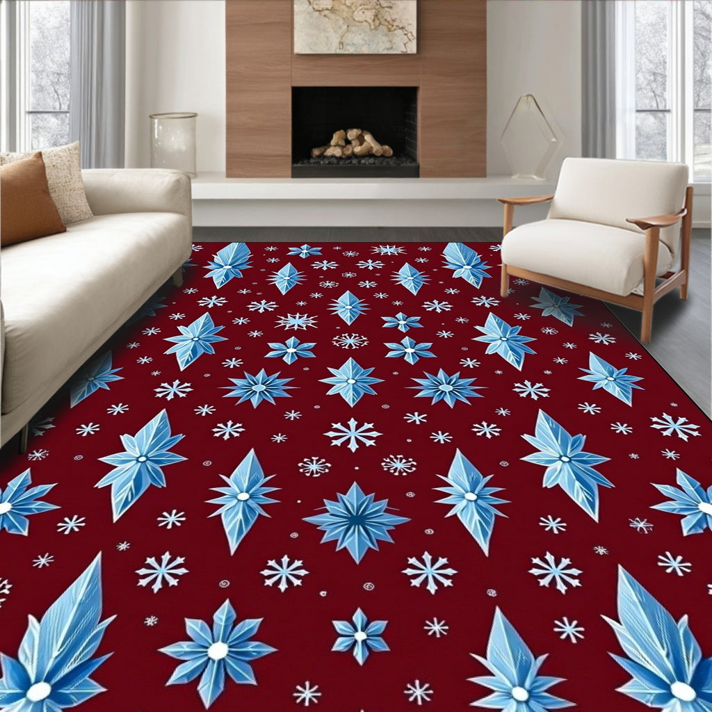 Sparkling Ice Crystal Snowflakes Red Rug