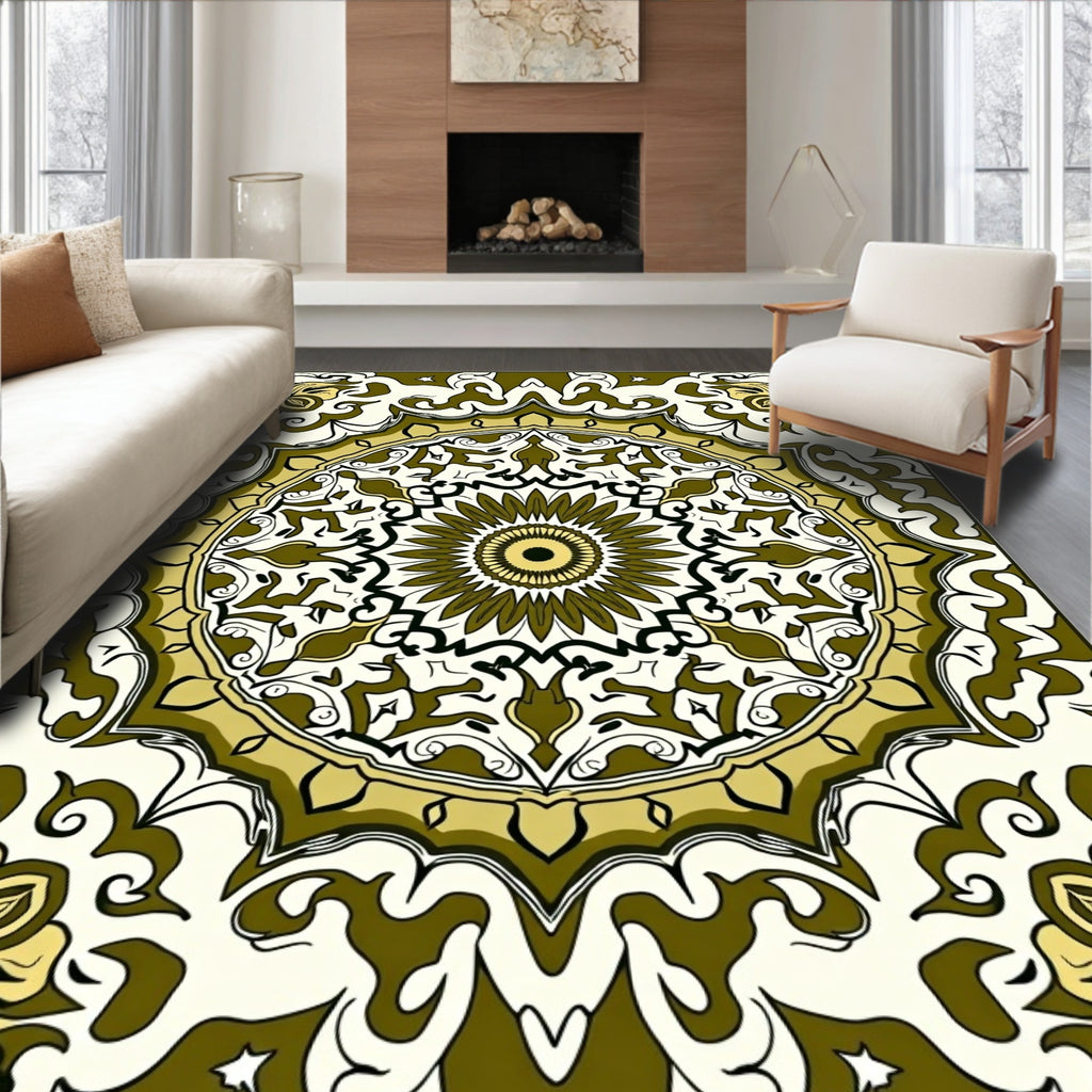 Olive Gold Floral Medallion Mandala Rug