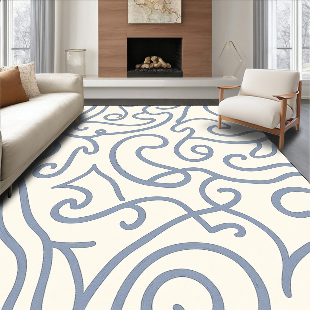 Cream Blue Swirling Abstract Lines Rug