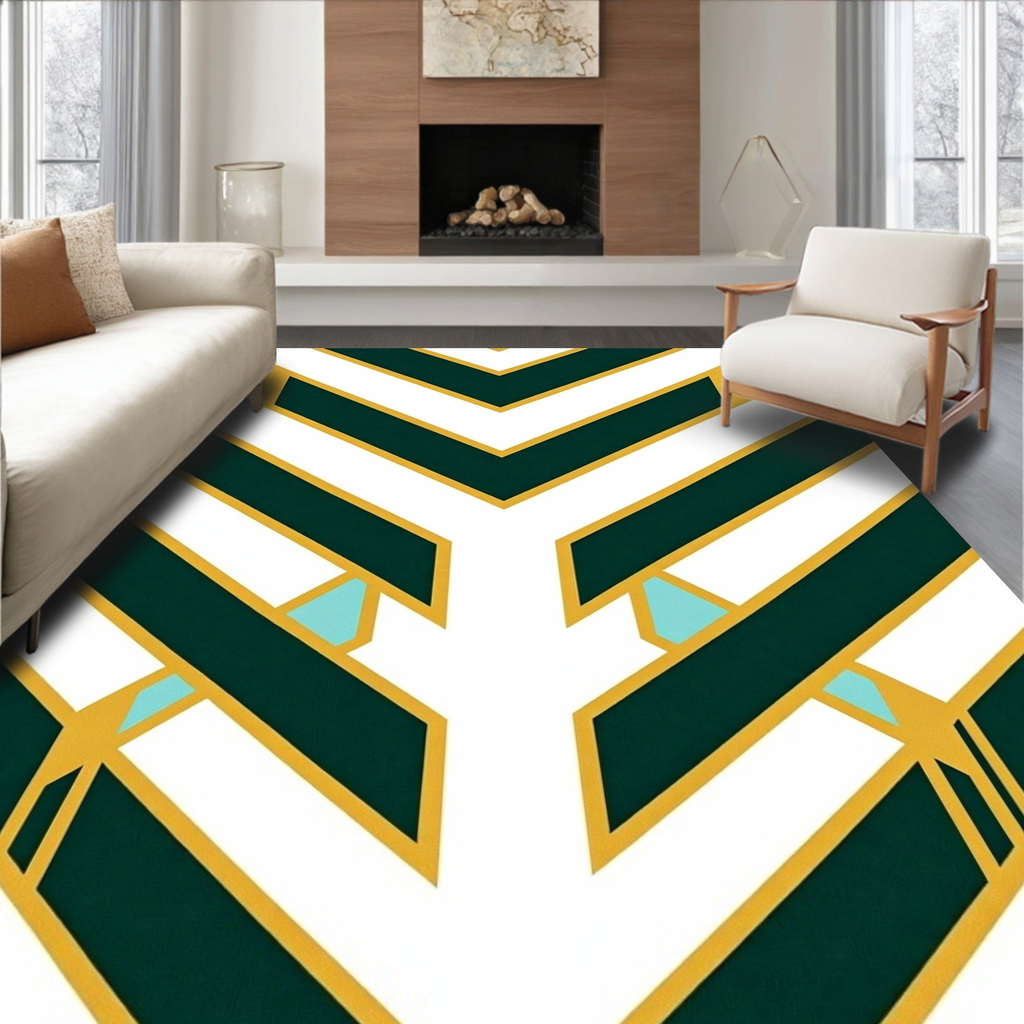 Geometric Teal Gold Chevron Inlay Rug