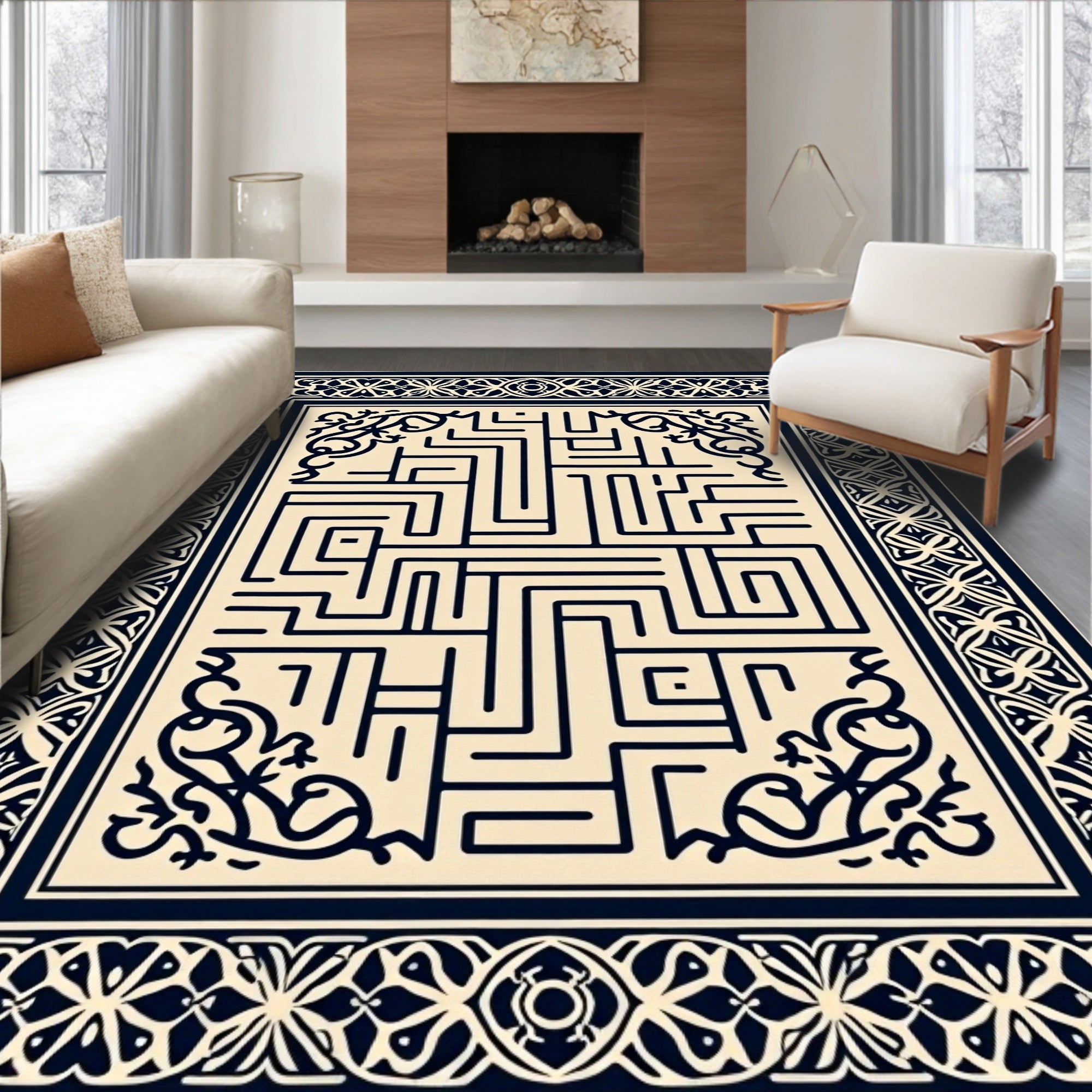 Aesthetic Navy Maze Border Rug