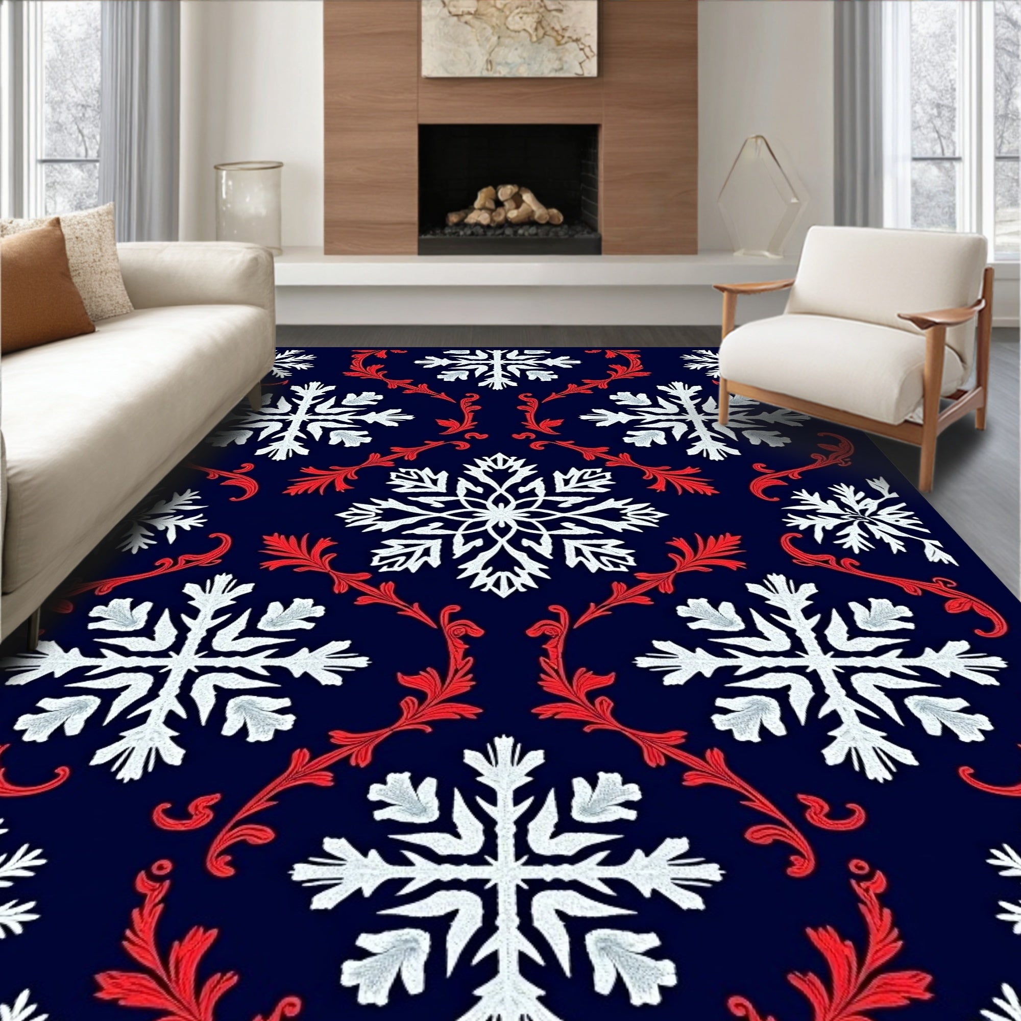Festive White Snowflake Red Scroll Rug