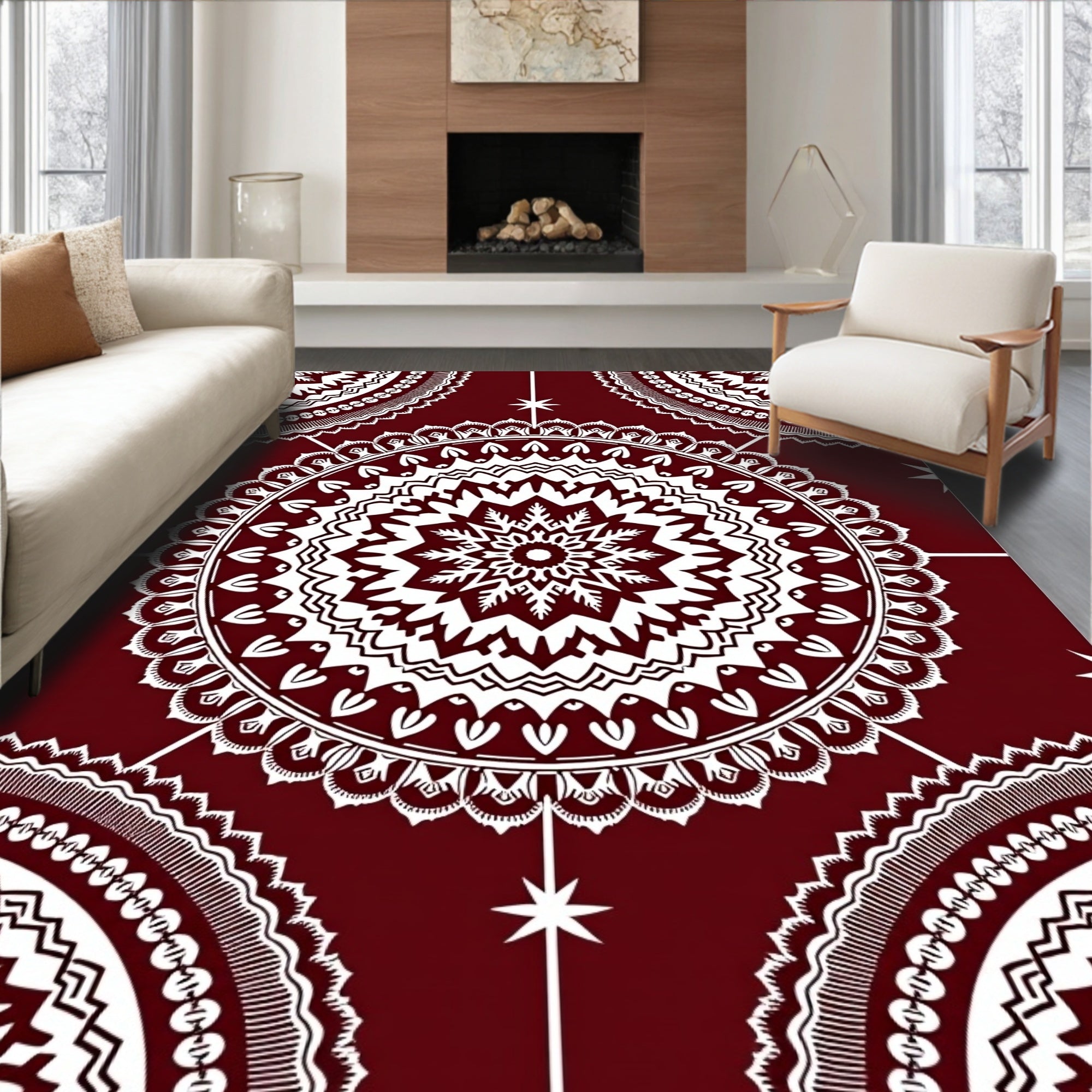 Crimson White Intricate Mandala Rug