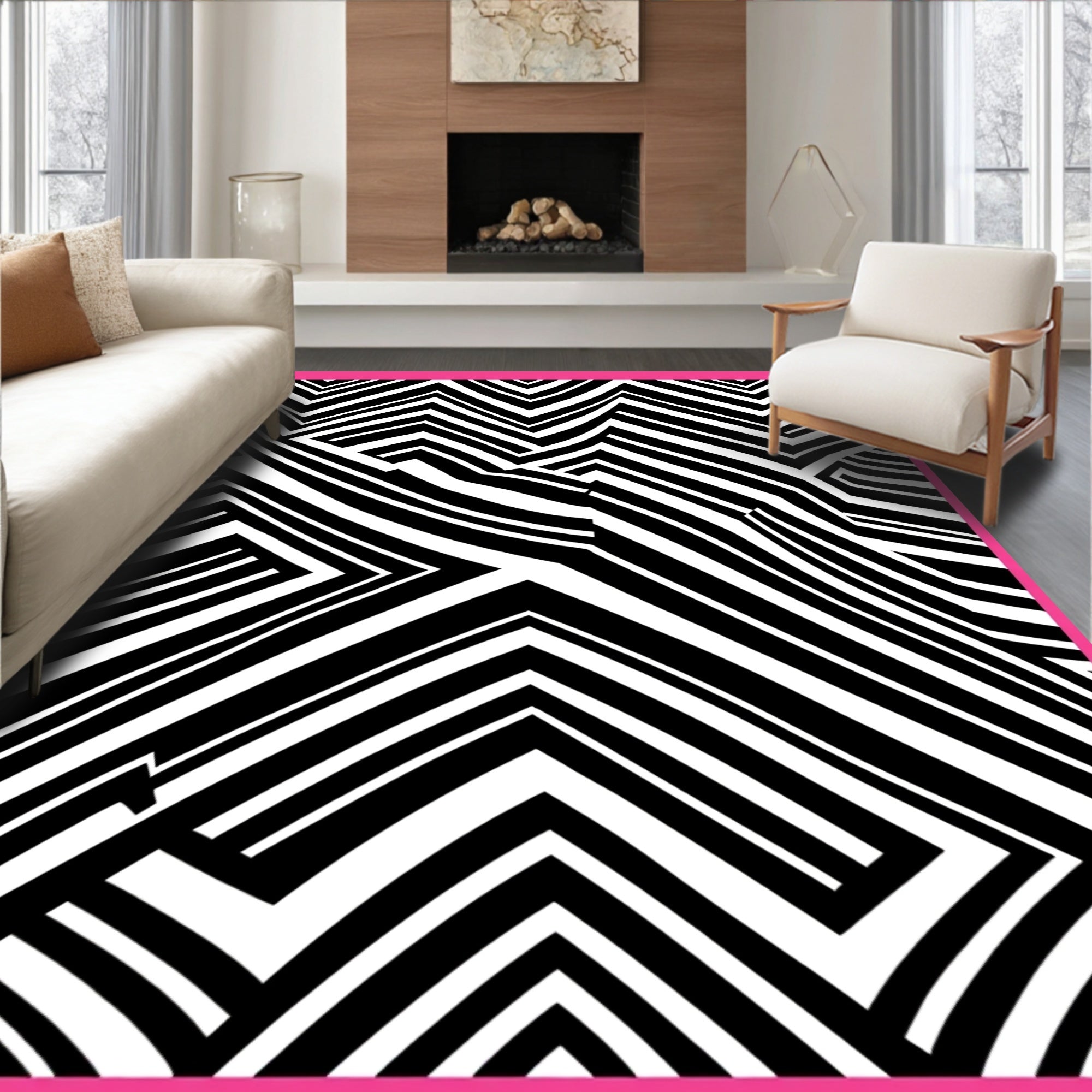 Bold Black White Zigzag Lines Rug