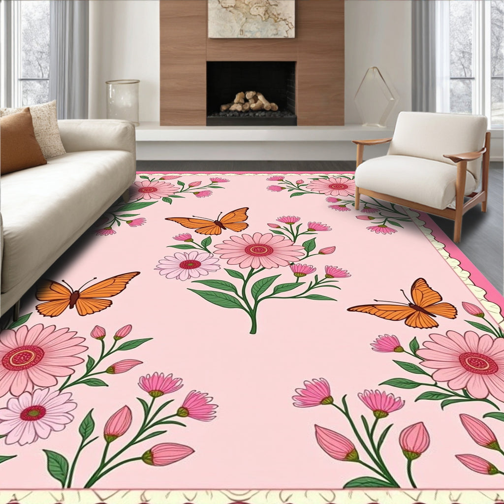 Whimsical Pink Floral Butterfly Garden Rug