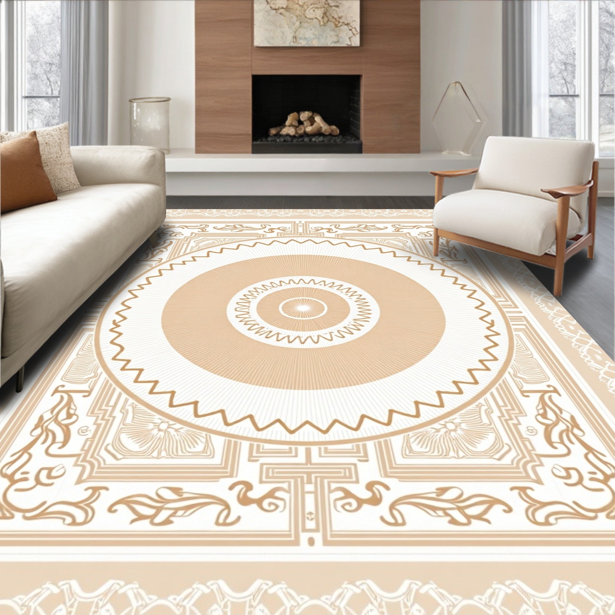 Neutral Geometric Sunburst Mandalas Rug
