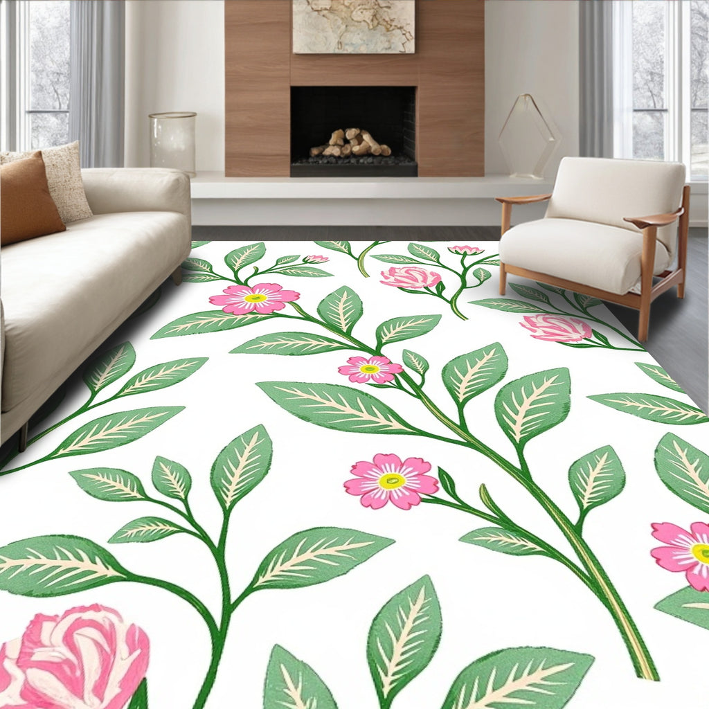 Pink Blossom Green Leaf Arrangement Rug