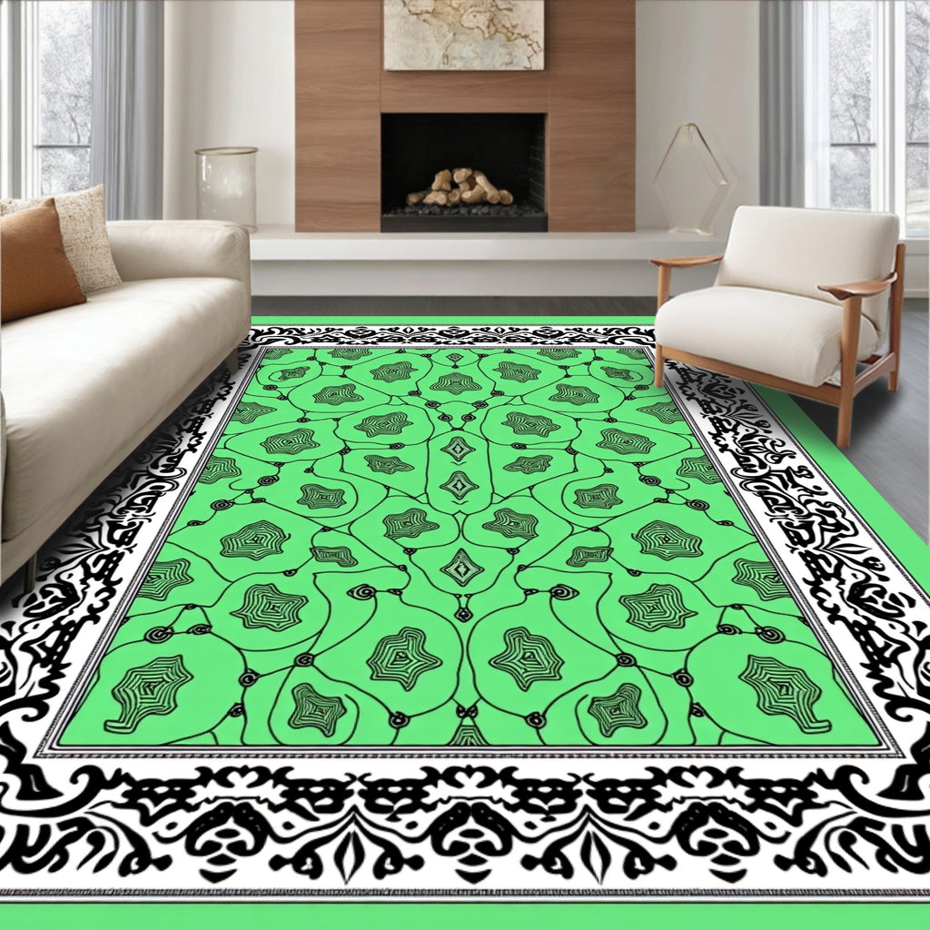 Ornate Black Bordered Green Medallion Rug