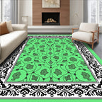 Ornate Black Bordered Green Medallion Rug