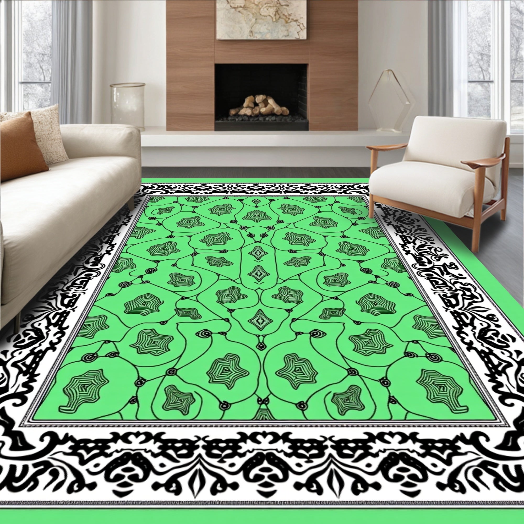 Ornate Black Bordered Green Medallion Rug
