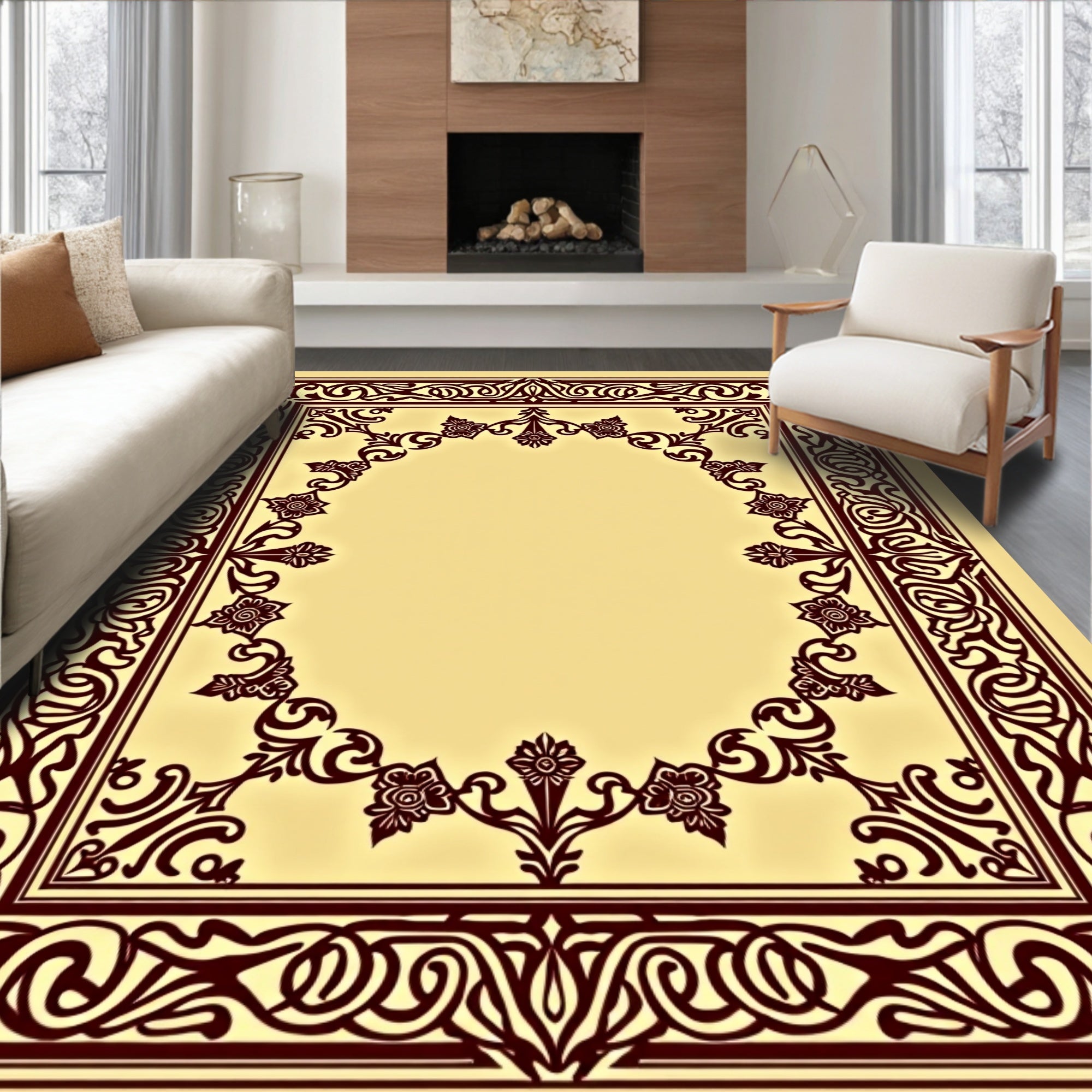 Maroon Floral Bordered Cream Frame Rug