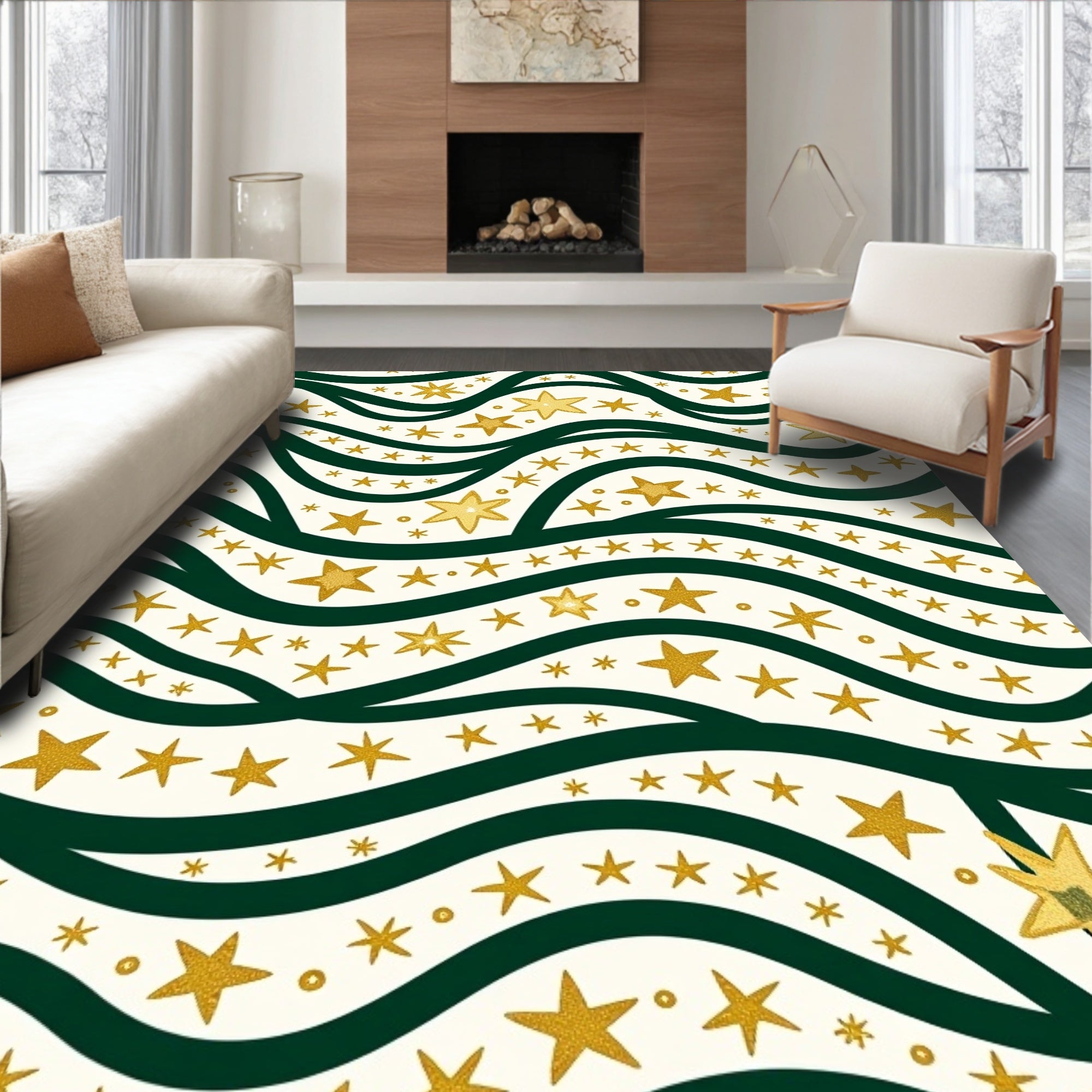 Golden Starry Waves on Cream Rug