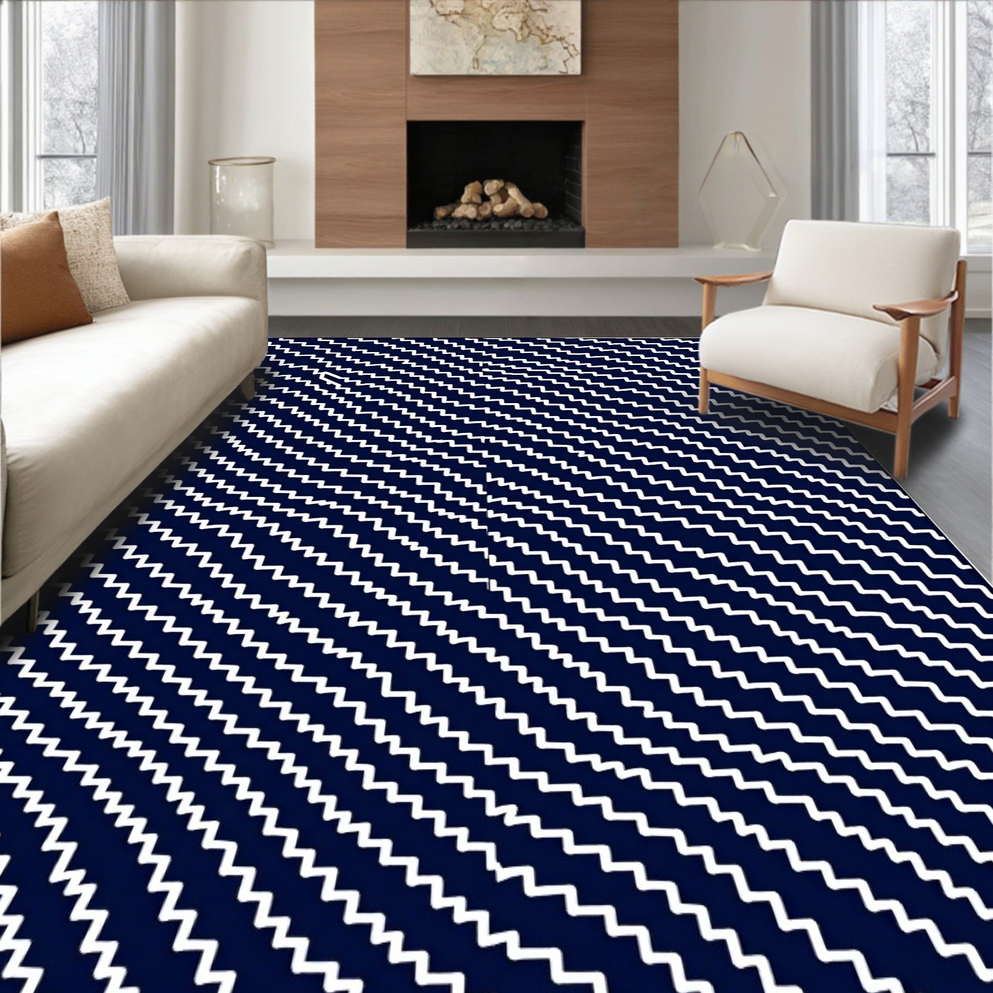 Navy White Jagged Stripe Arrangement Rug