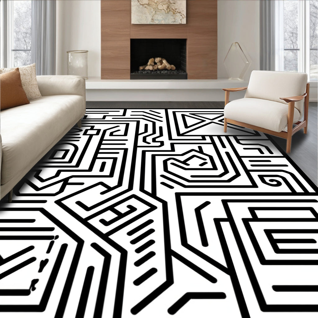 Black White Geometric Circuit Board Rug