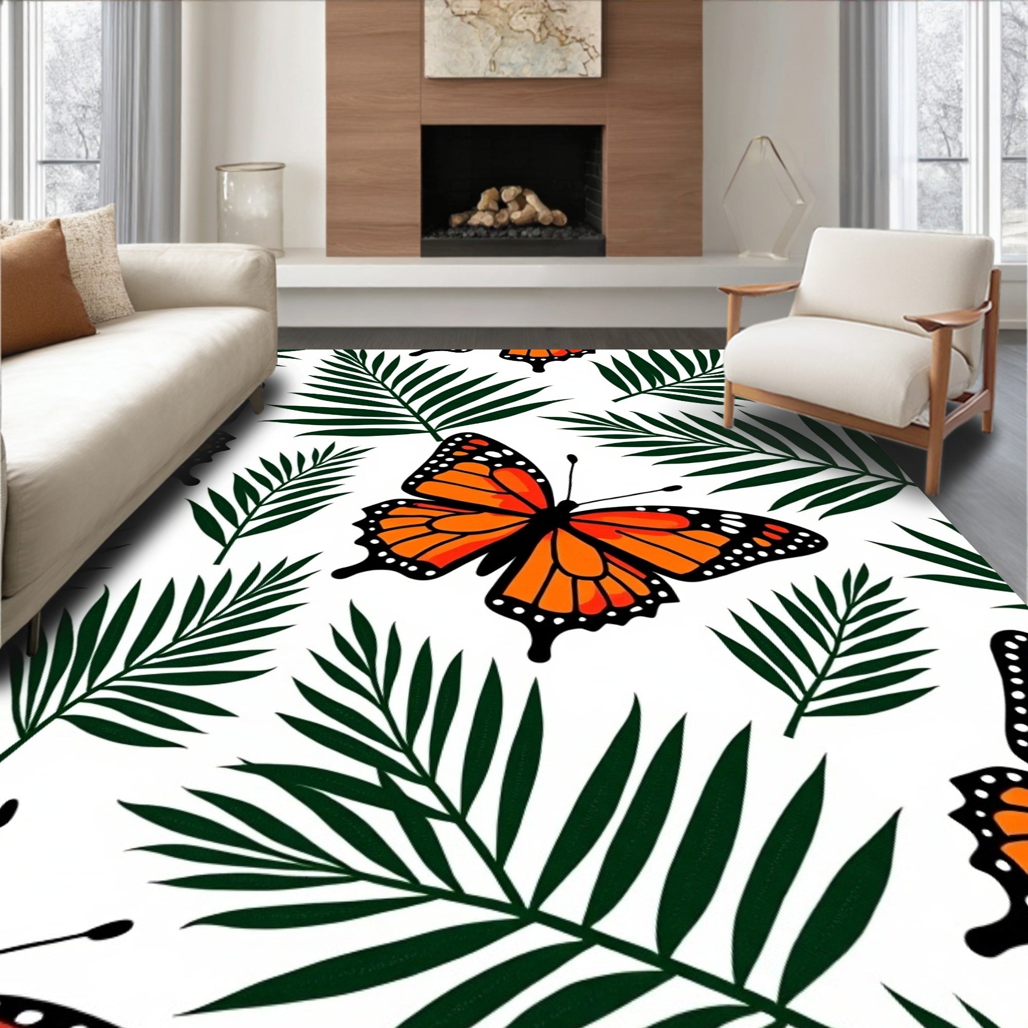 Vibrant Orange Butterfly Palm Leaf Rug