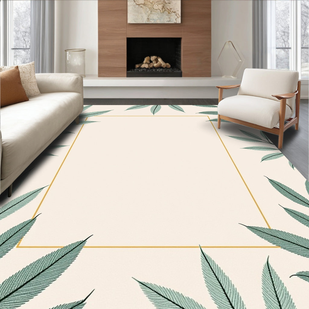 Elegant Green Leaf Bordered Cream Rug