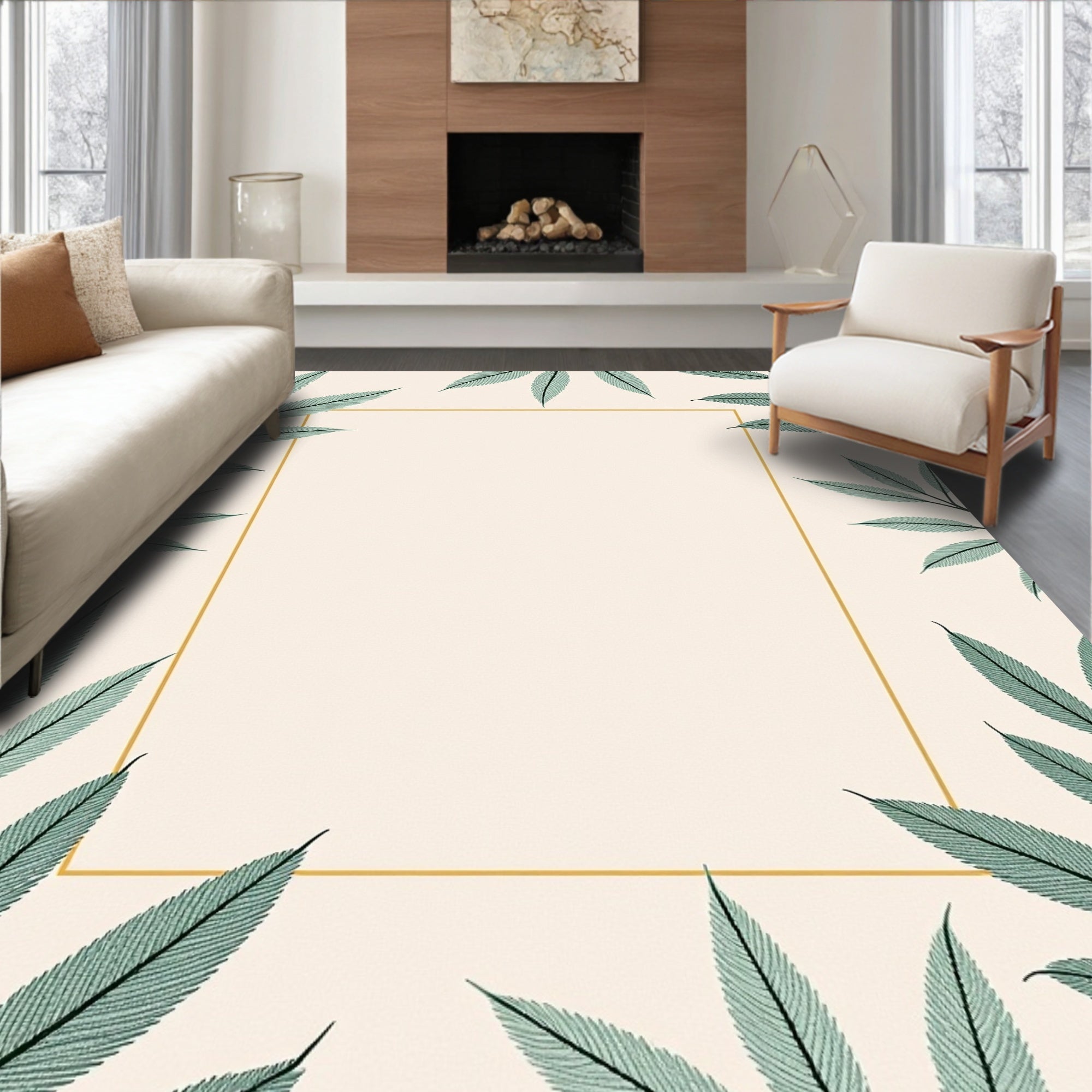 Elegant Green Leaf Bordered Cream Rug