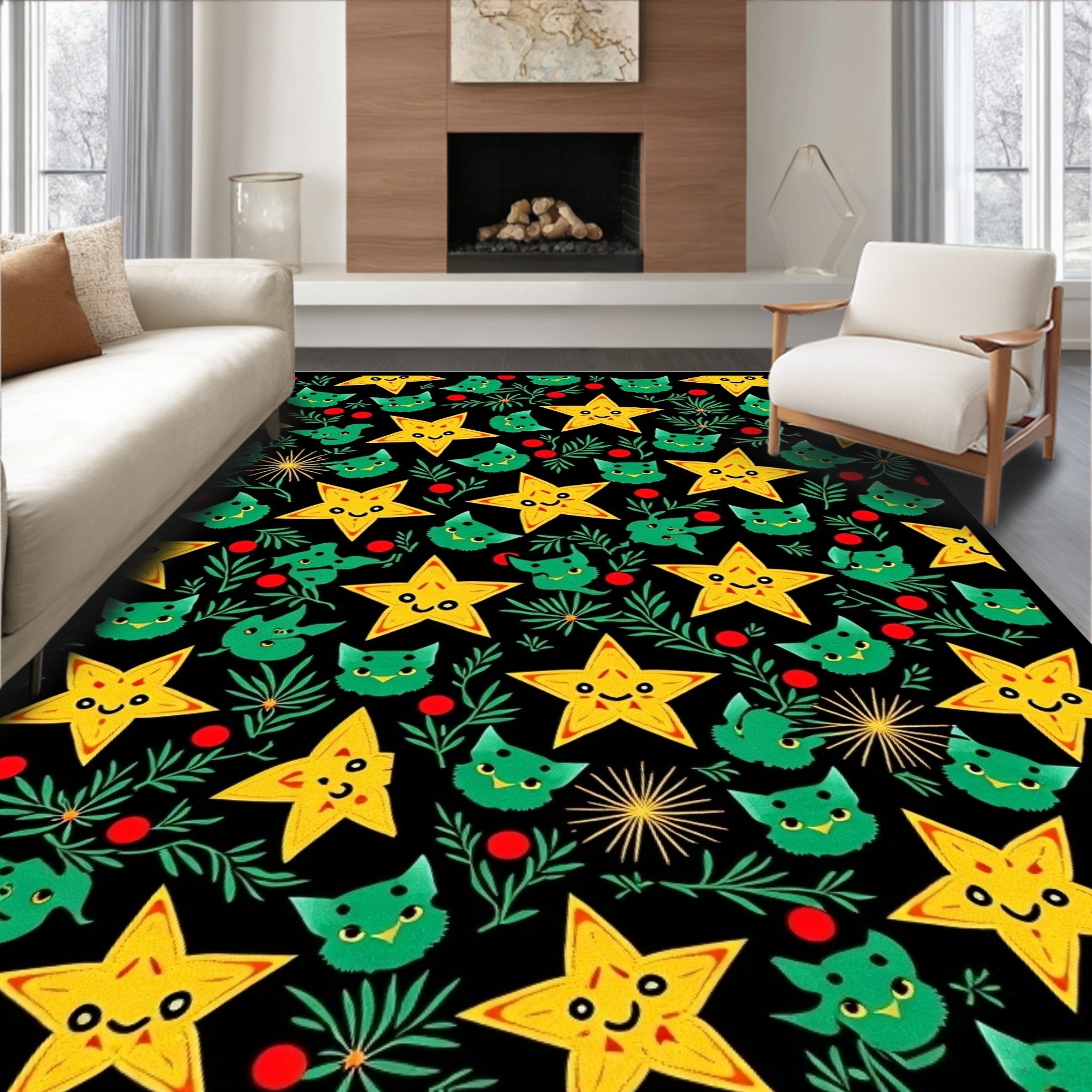 Cute Yellow Star Green Cat Foliage Rug