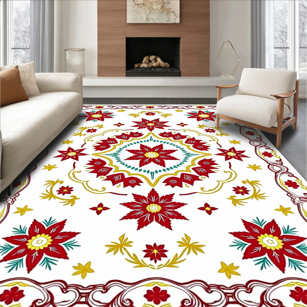 Crimson Red Floral Medallion Motif Rug