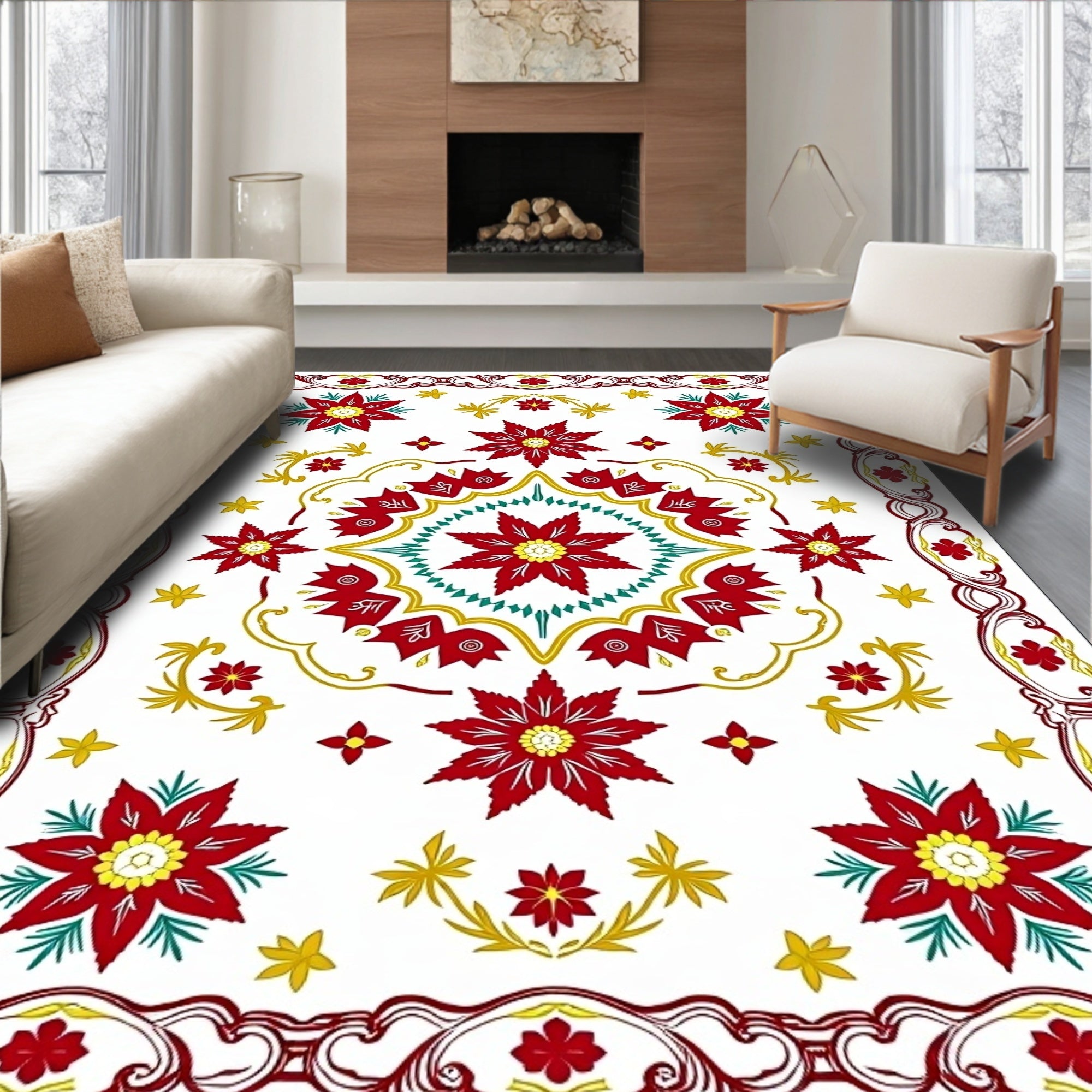 Crimson Red Floral Medallion Motif Rug