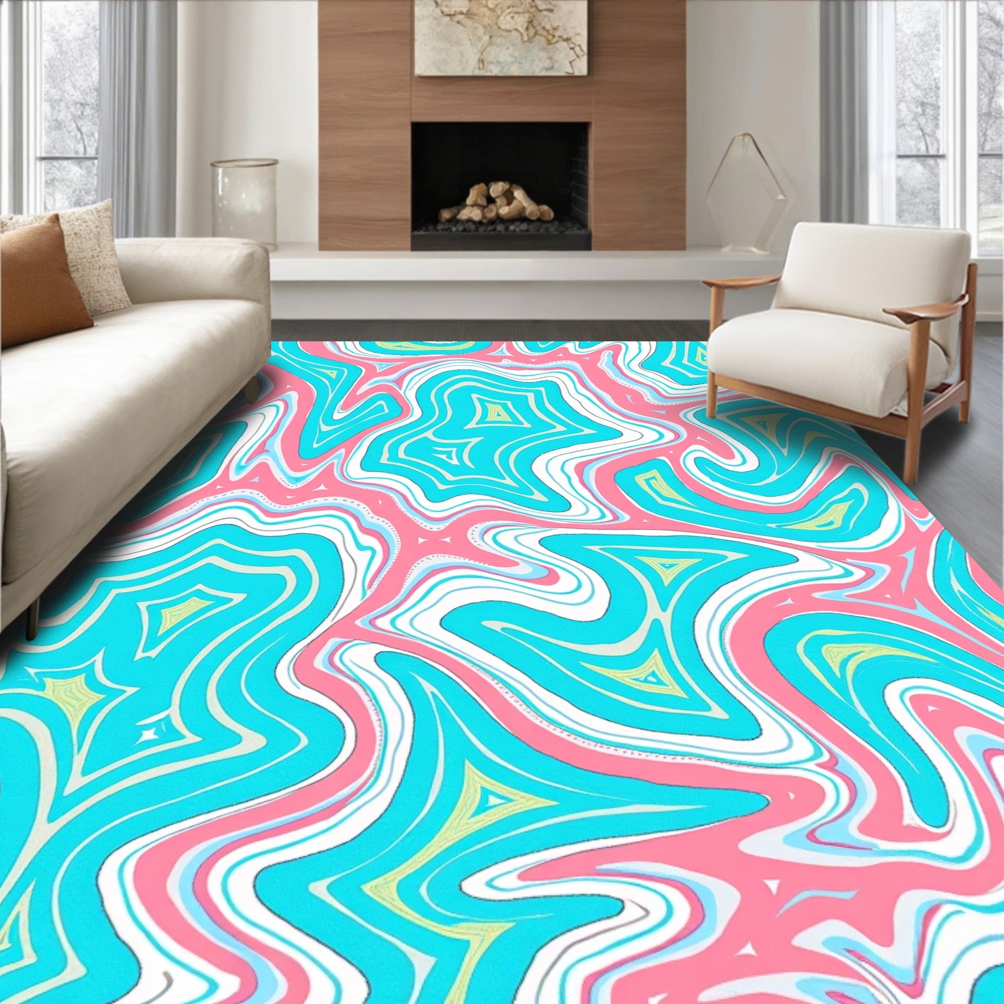 Vibrant Pink Teal Abstract Swirl Rug