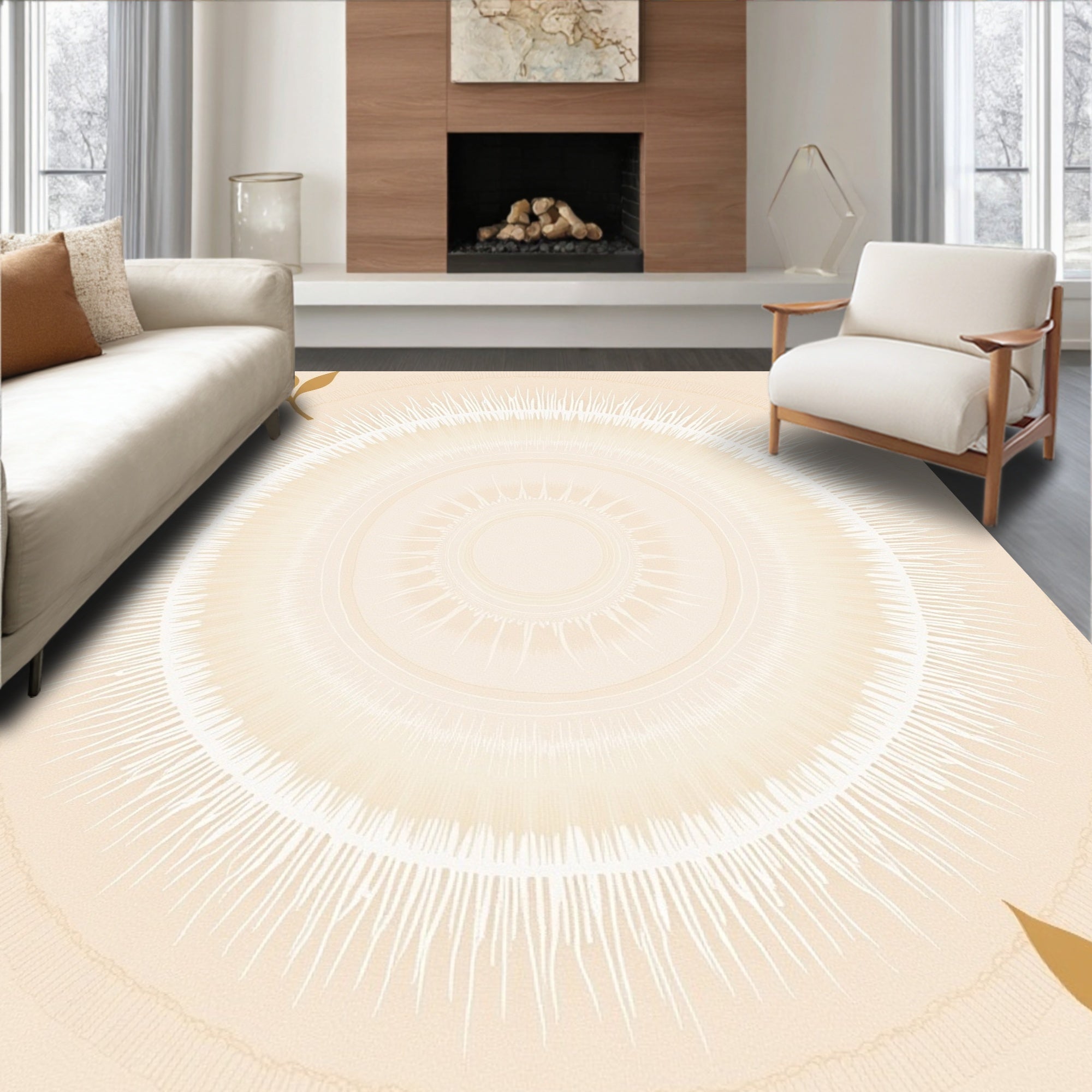 Golden Sunburst Medallion Beige Rug
