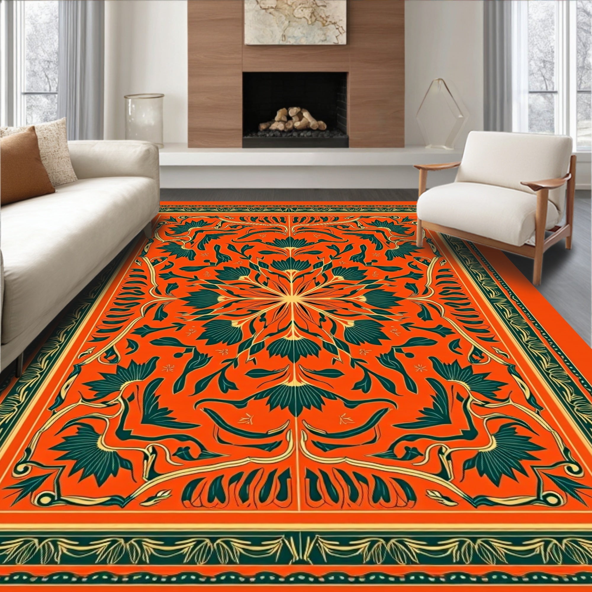Vibrant Orange Teal Floral Medallion Rug