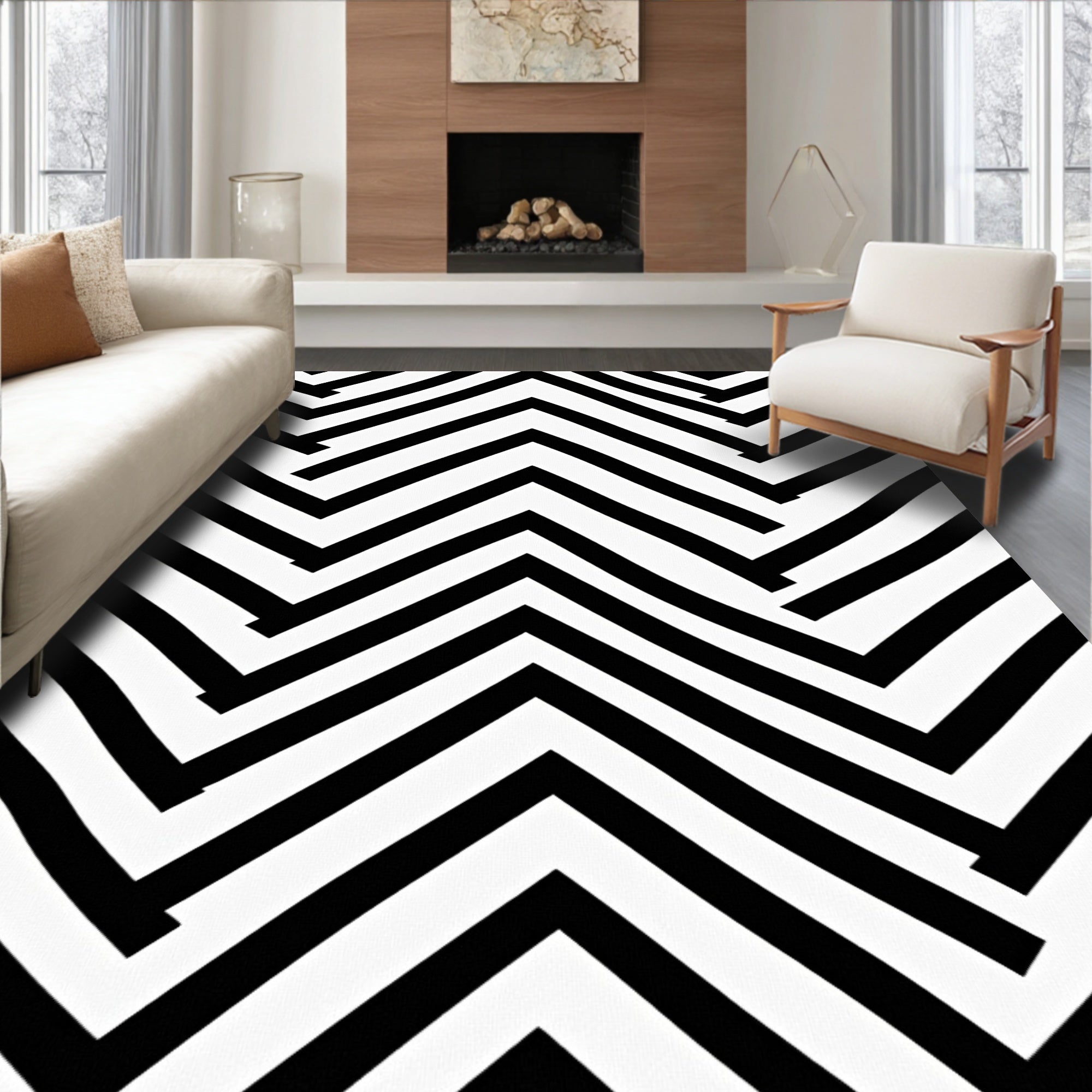 Sharp Black White Chevron Slat Rug