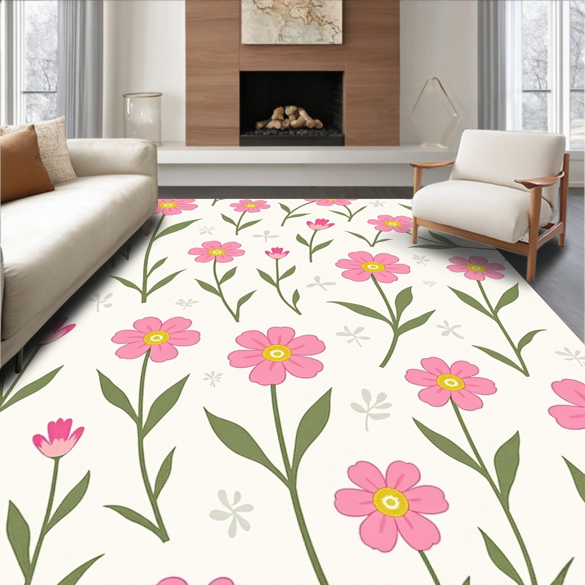 Pink Floral Meadow Ground Cover Rug