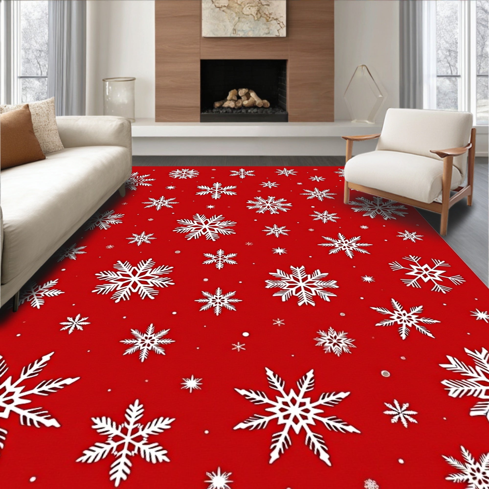 Winter White Snowflake All-Over Red Rug