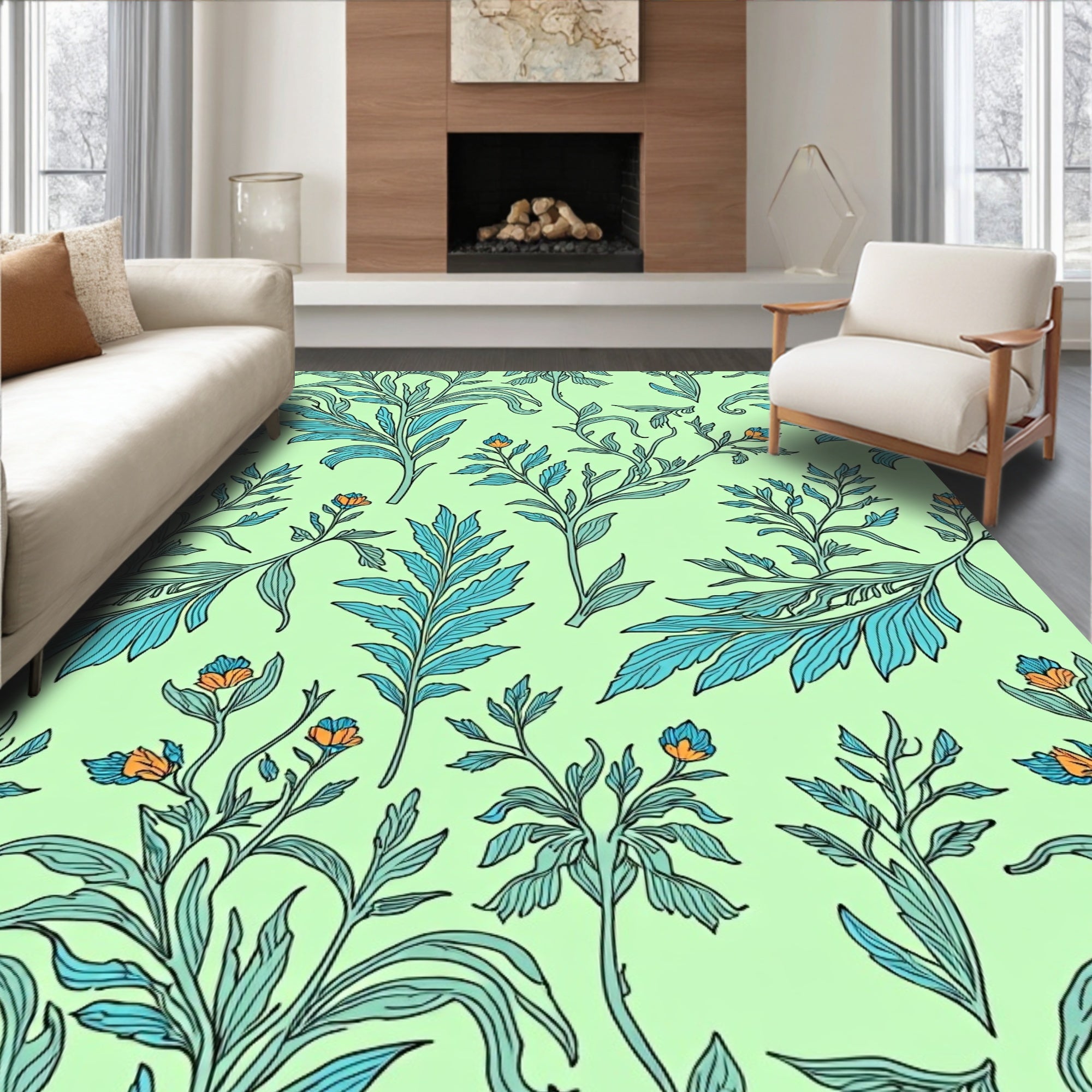 Aqua Blue Orange Blossom Floral Rug